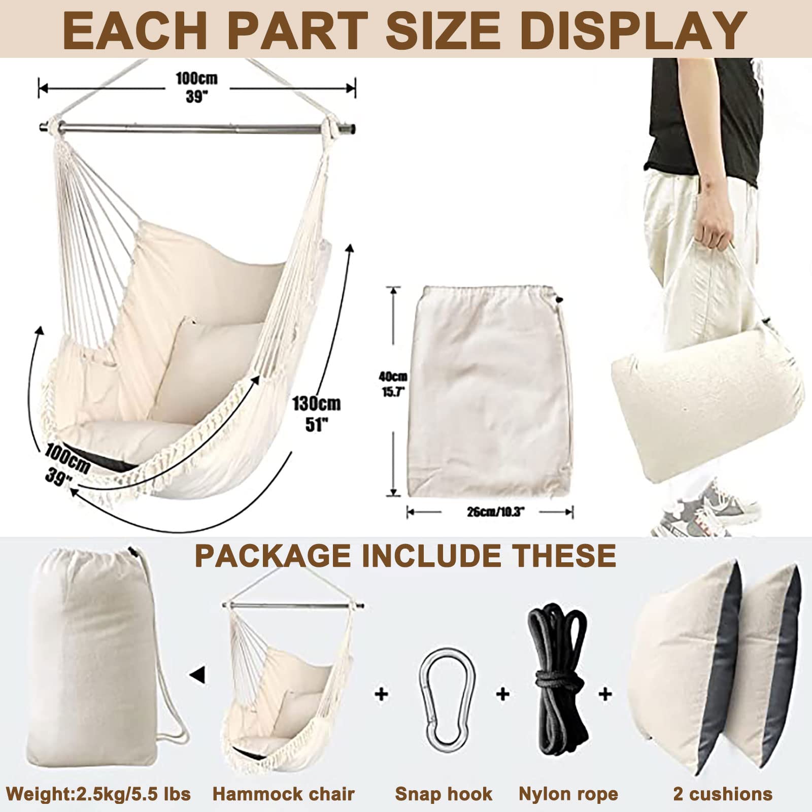 Comfortable Hammock Chair Swing with 2 Cushions & Storage Bag - Indoor/Outdoor Hanging Rope Chair for Patio, Garden, Balcony or Bedroom (Coffee Brown) - Perfect for Relaxing, Reading & Lounging