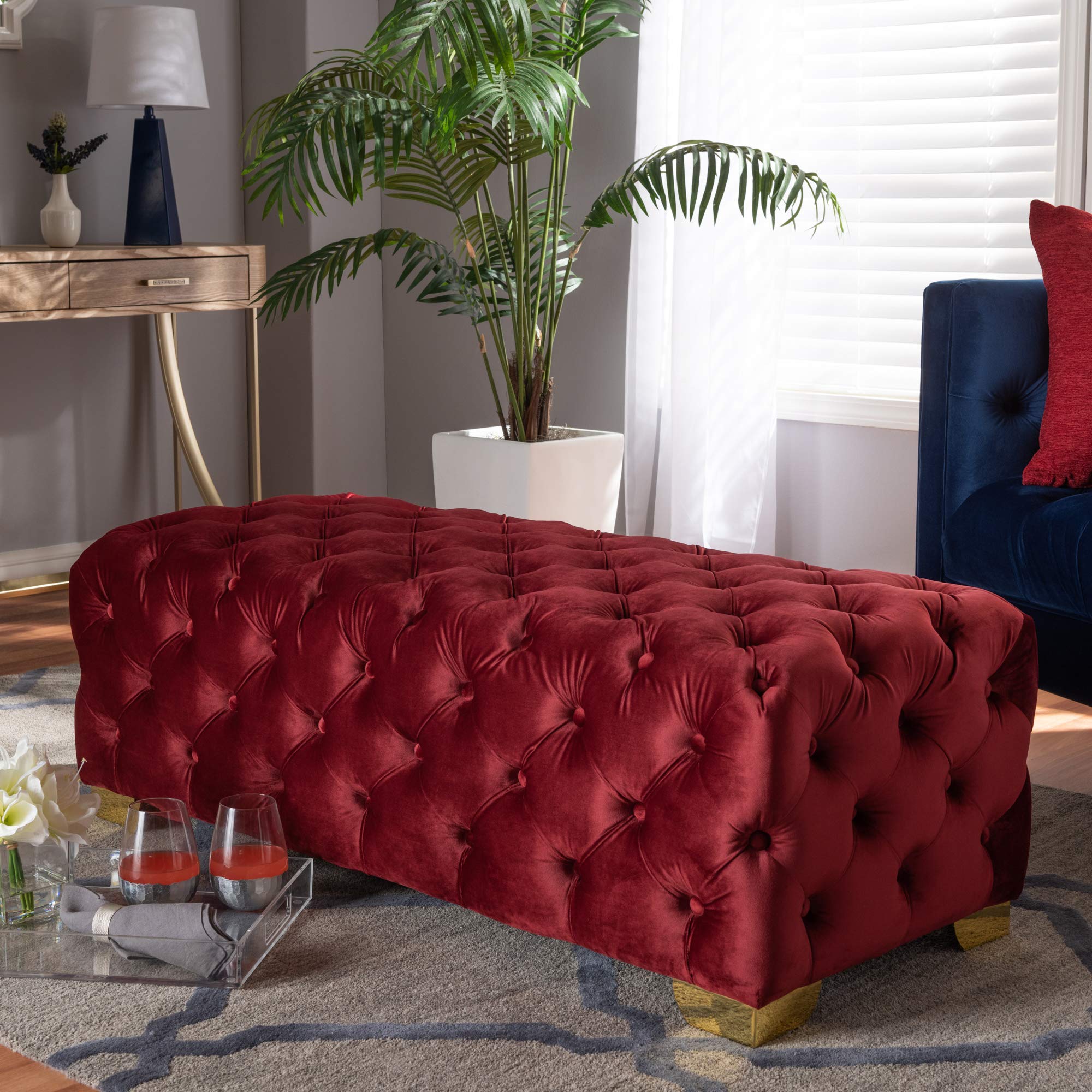 Baxton Studio Burgundy & Gold Ottoman - Modern Footrest, Storage Bench for Living Room, Bedroom, or Entryway - One Size Fits All