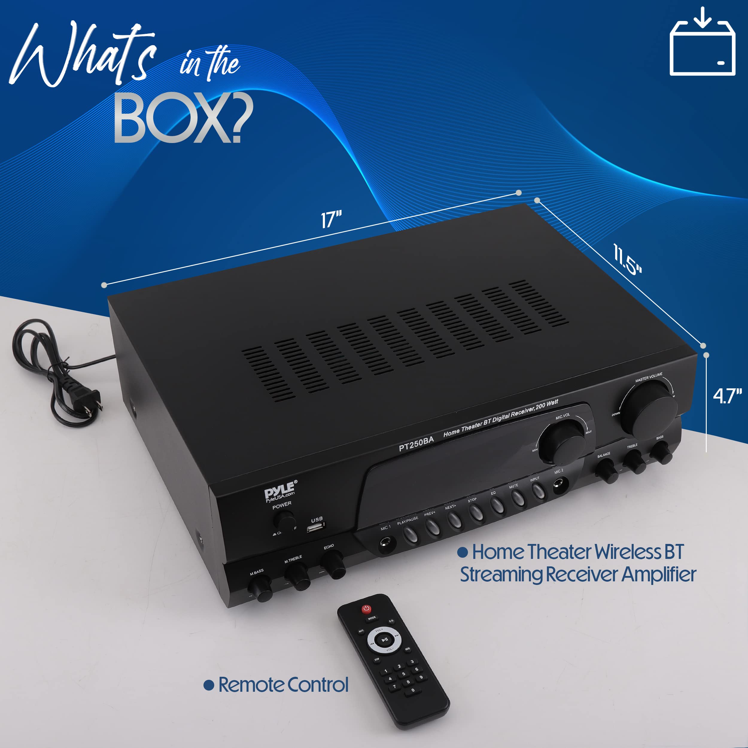 Pyle Wireless Bluetooth Power Amplifier System - 200 Watt Max Home Theater Audio Stereo Receiver with FM/USB, Mic Input, RCA, Echo & EQ Control - Perfect for Karaoke, DJ Parties, and Home Entertainment Systems