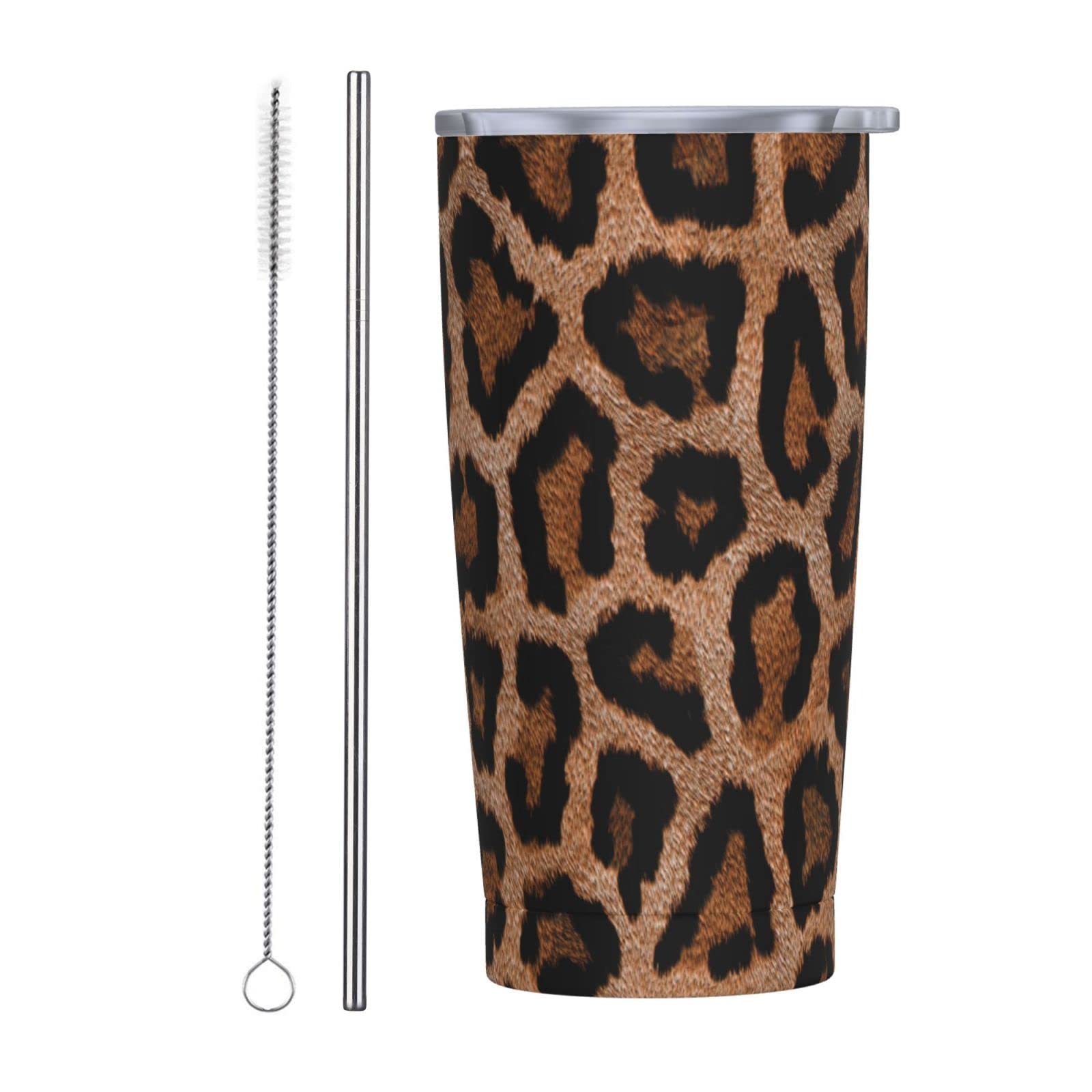 Cheetah Print Stainless Steel Slim Tumbler 20oz - Double Wall Insulated Travel Mug with Leakproof Lid, Straw & Cleaning Brush - Perfect for Coffee, Tea & Cold Drinks at Home, Office or Outdoor Adventures