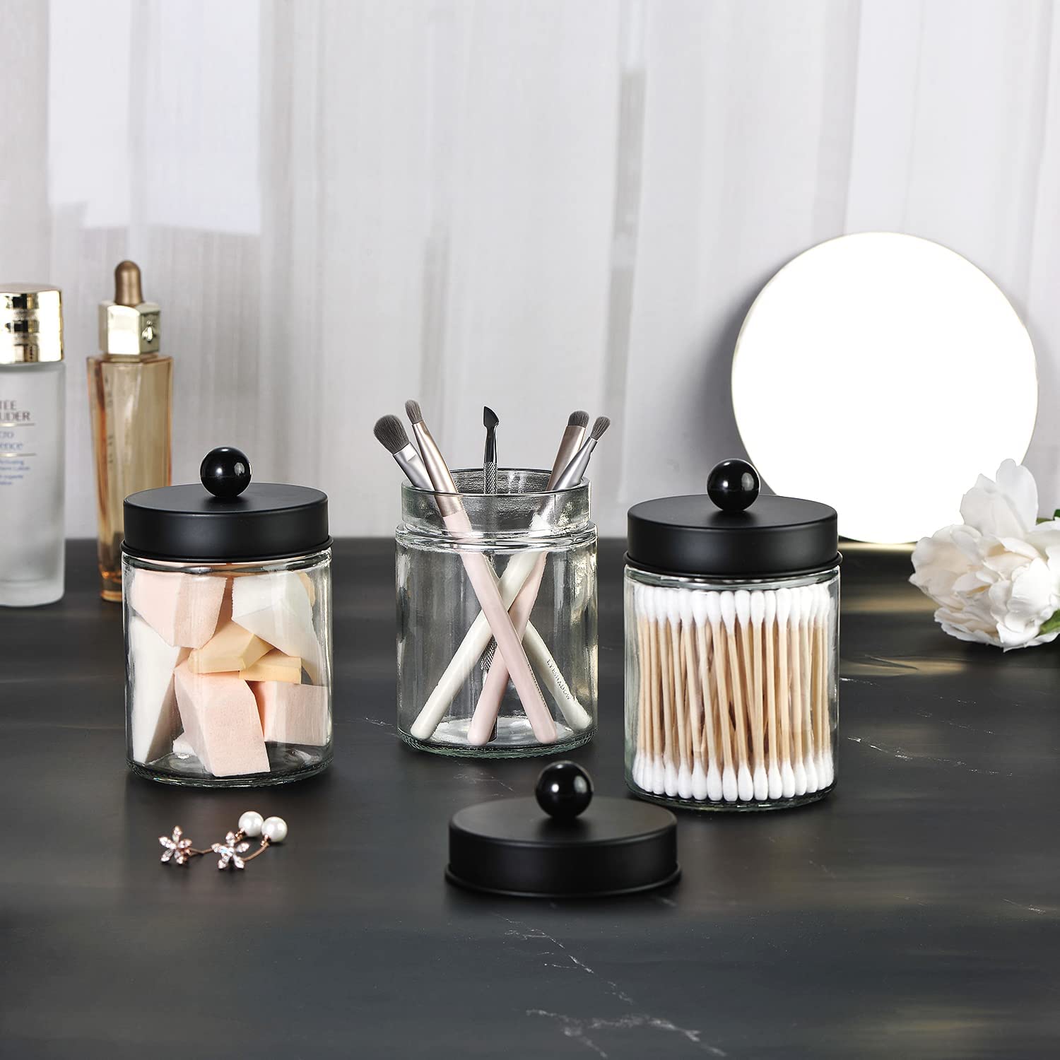 3-Pack Apothecary Jar Canisters with Stainless Steel Lids - Bathroom Vanity Organizer Set for Qtips, Cotton Swabs, Makeup Sponges & Dental Floss | Countertop Storage Containers with Decorative Stickers | Perfect for Home, Salon, and Spa Organization
