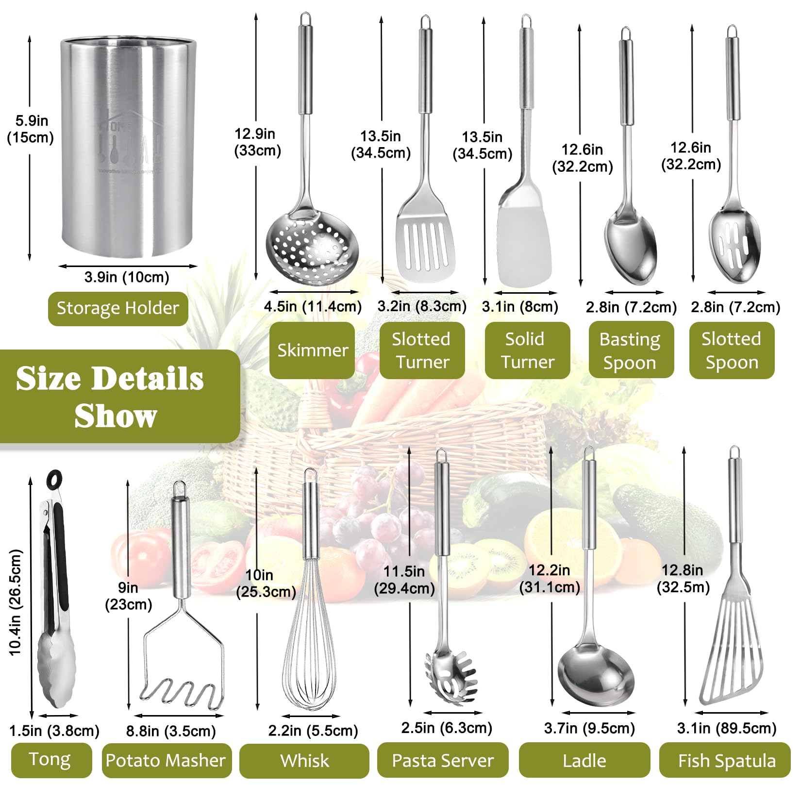 Premium 12-Piece Stainless Steel Kitchen Utensil Set with Holder - Heat-Resistant Cooking Tools Including Spatula, Turner, Potato Masher, Whisk & Tongs for Baking, Frying & Everyday Cooking | Durable Metal Utensils for Home Chefs & Professional Kitchens