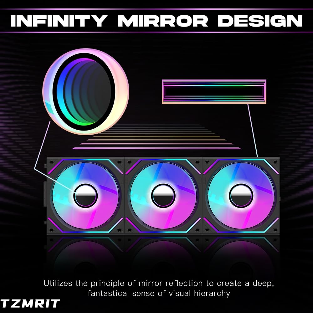 TZMRIT Interstellar-V2 120mm RGB PWM ARGB PC Cooling Fan Triple Pack - High Performance Infinity Fan for Gaming PC, Case & CPU Cooler - Perfect for Custom Builds, Overclocking & RGB Lighting Setup