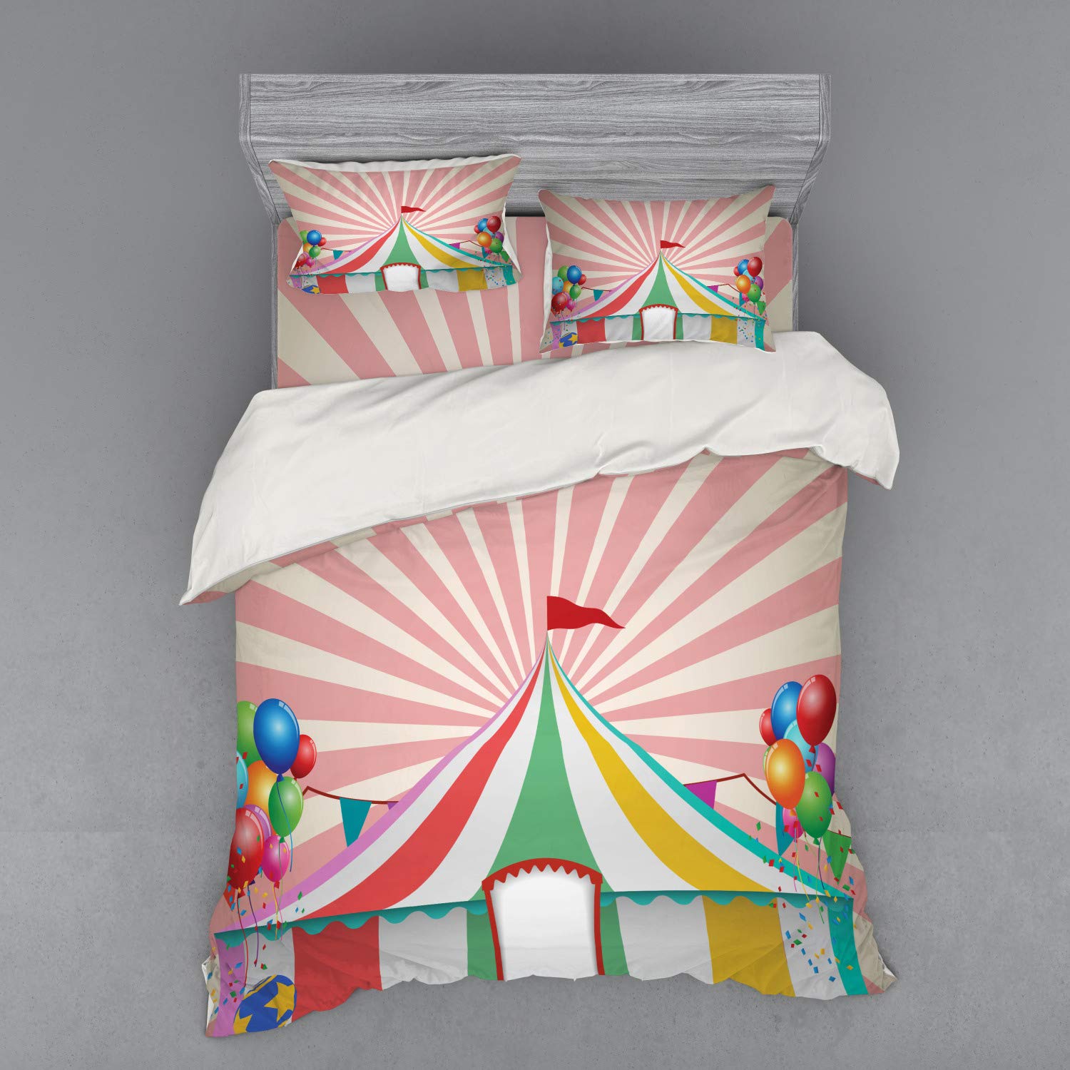 Ambesonne Vintage Circus Duvet Cover Set - 4 Piece Queen Size Bedding with Shams & Fitted Sheet, Multicolor Carnival Tent Design with Balloons & Animals | Perfect for Themed Bedrooms, Kids' Rooms & Circus Lovers