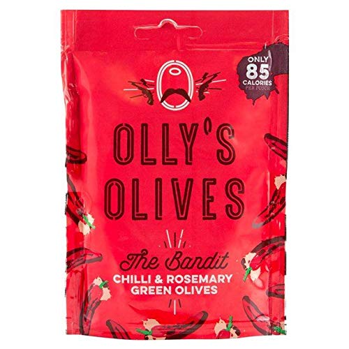 Olly's Olives Chilli & Rosemary Green Halkidiki Olives - The Bandit - 50g (1.76 oz) | Premium Greek Snack for Charcuterie Boards, Appetizers & Mediterranean Cooking
