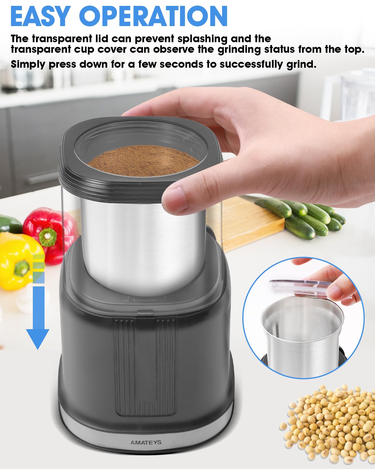 250W Electric Coffee Grinder - Powerful & Quiet Kitchen Machine for Beans, Spices, Nuts, Grains & Herbs - 75g Stainless Steel Capacity - Perfect for Home Brewing, Espresso & Cooking