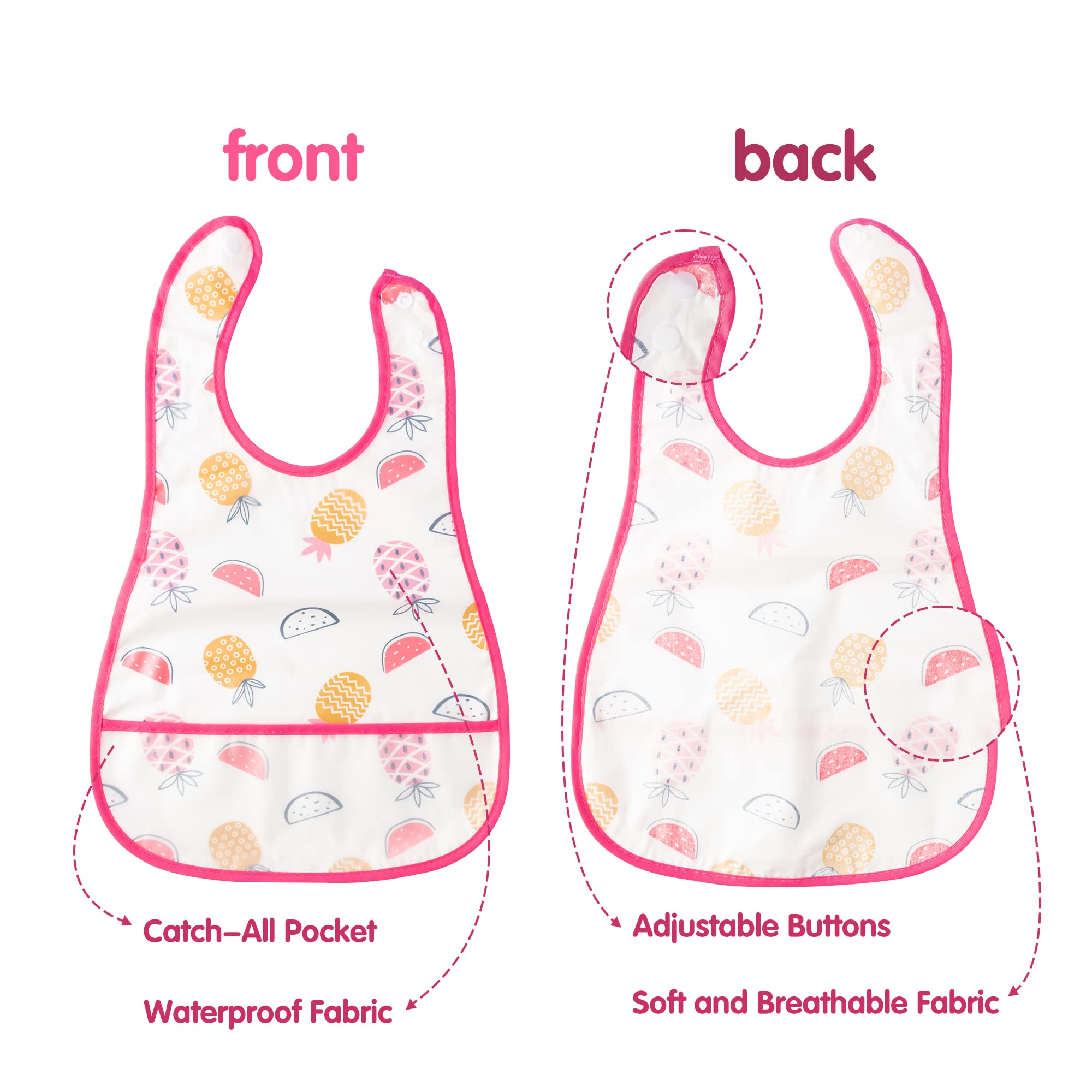 R HORSE 5-Pack Waterproof Baby Bibs with Crumb Catcher Pocket & Snap Buttons - Soft Feeding Bibs for Toddlers 6-24 Months - Ideal for Mealtime, Snacks & Messy Play