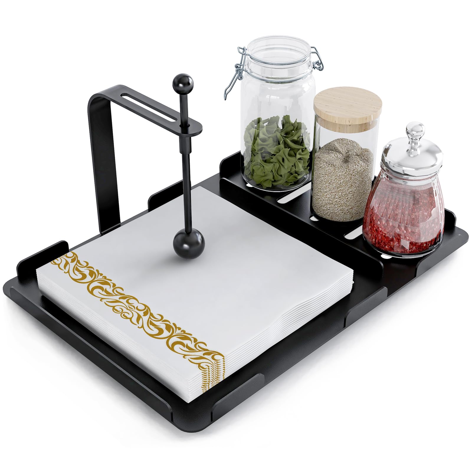 Premium Metal Napkin Holder with Salt & Pepper Shakers Caddy - Elegant Standing Paper Napkin Storage for Kitchen Countertop & Dining Table Decor (Black) - Perfect for Home, Restaurant, and Party Use