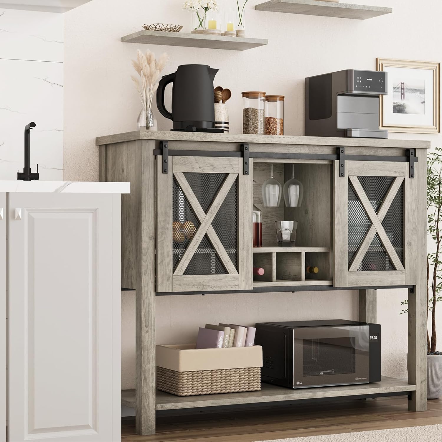 IDEALHOUSE Farmhouse Coffee Bar Cabinet with Sliding Barn Doors - Entryway Console Table with Storage, Wine Liquor Cabinet with Racks - Perfect for Kitchen, Hallway & Living Room - Gray Home Bar Furniture for Entertaining & Storage