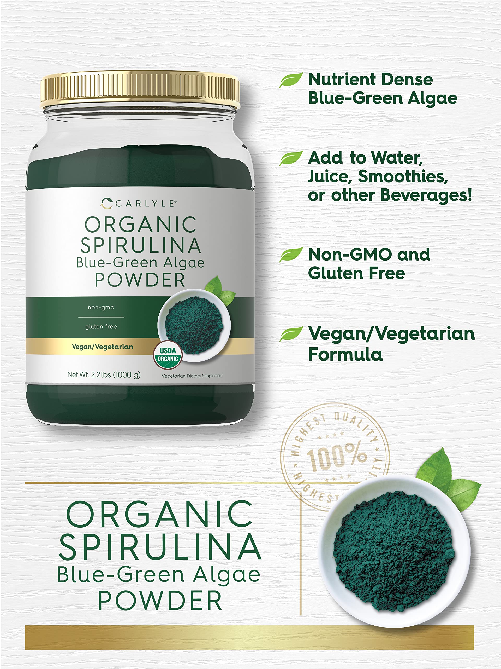 Organic Spirulina Powder 2.2 lbs (1000g) - Premium Blue Green Algae Superfood | 8g per Serving | Vegan, Non-GMO, Gluten Free Dietary Supplement | Boost Energy, Detox & Immune Support - Perfect for Smoothies, Juices & Healthy Recipes