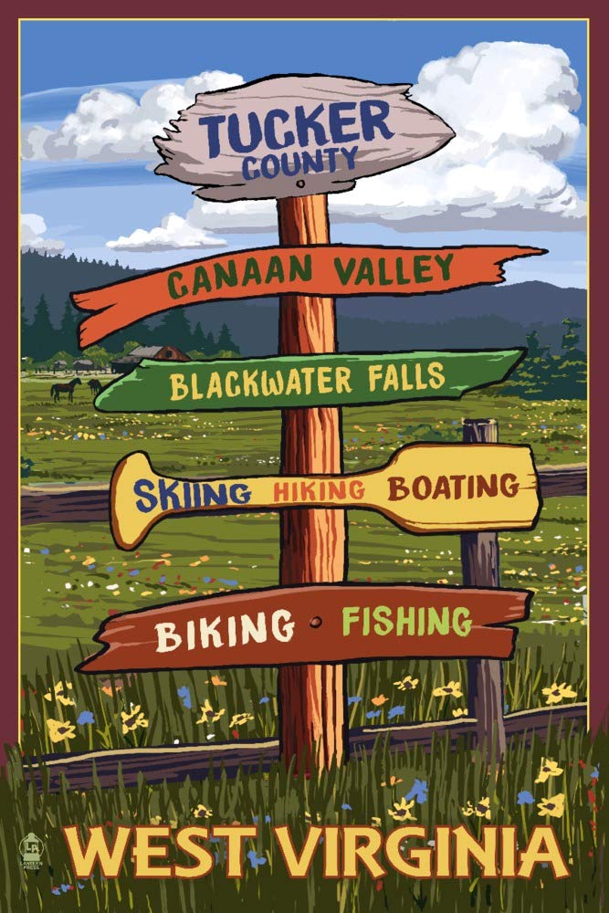 Tucker County West Virginia Destination Signpost 90166 - 24x36 Signed Print Master Art Print, Wall Decor Poster for Home, Office & Cabin Decor