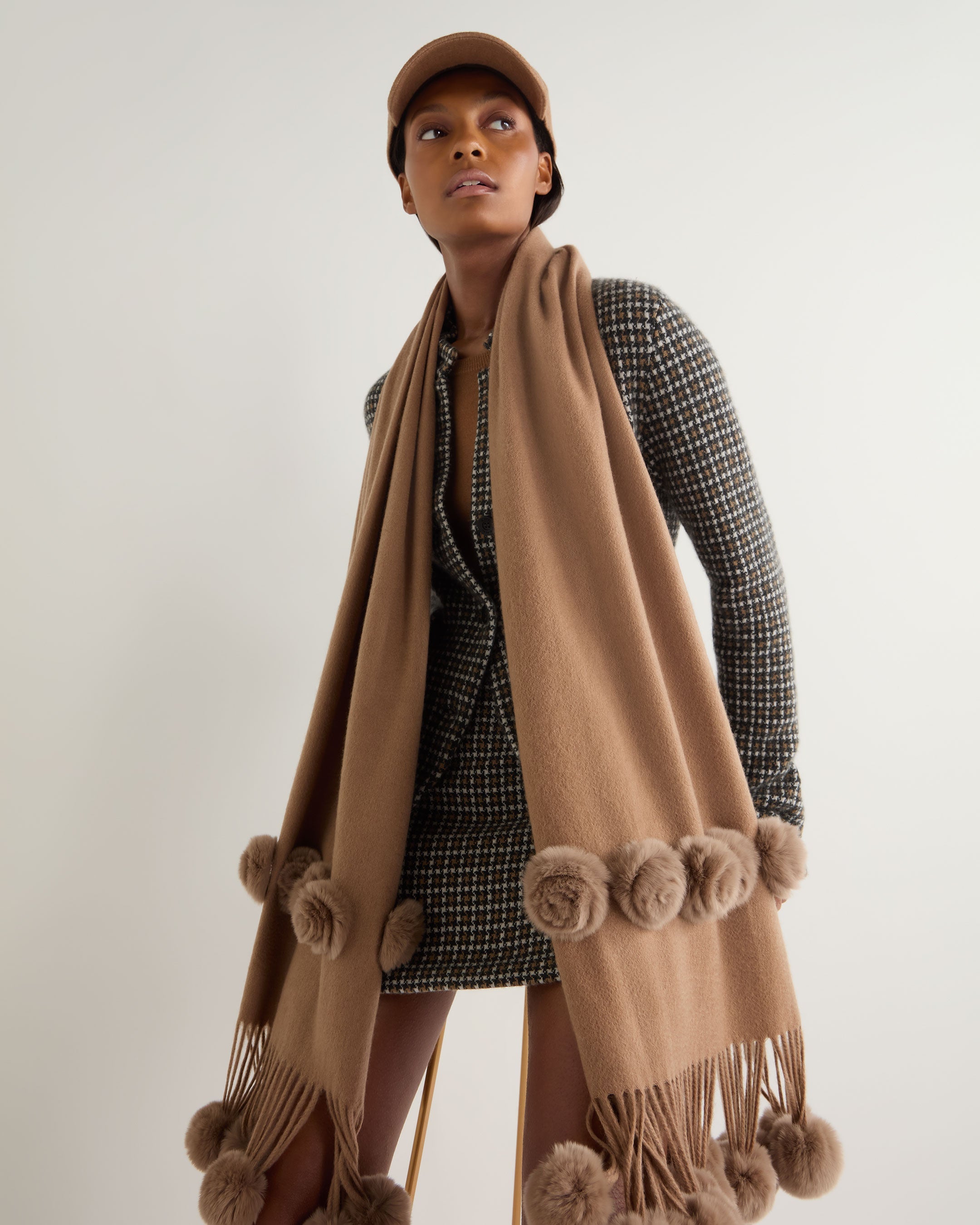 Women's Davos Fur Bobble Woven Shawl Scarf - Dark Tan Brown Winter Wrap for Women - Perfect for Cold Weather, Parties, and Holiday Outfits