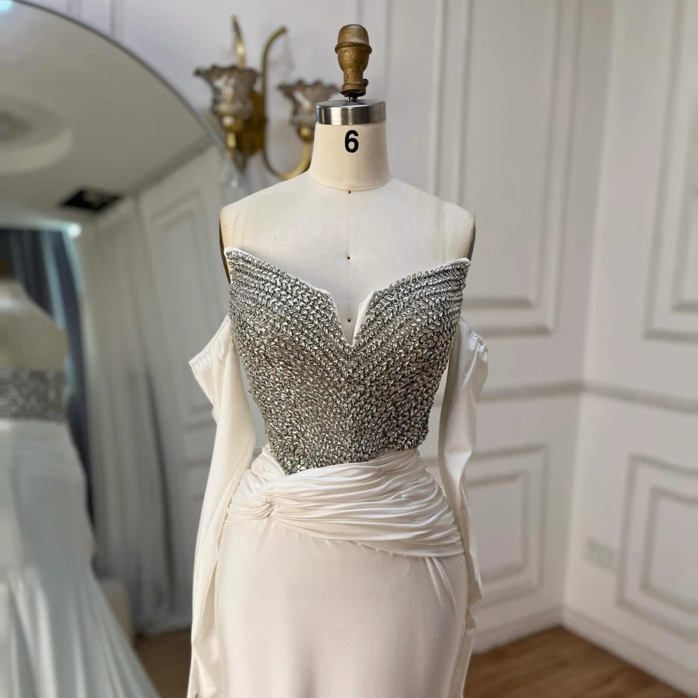 Elegant White Arabic Evening Gown with Crystal Beading - Luxury Dubai Formal Dress with Gloves for Weddings, Galas & Special Occasions LA72758