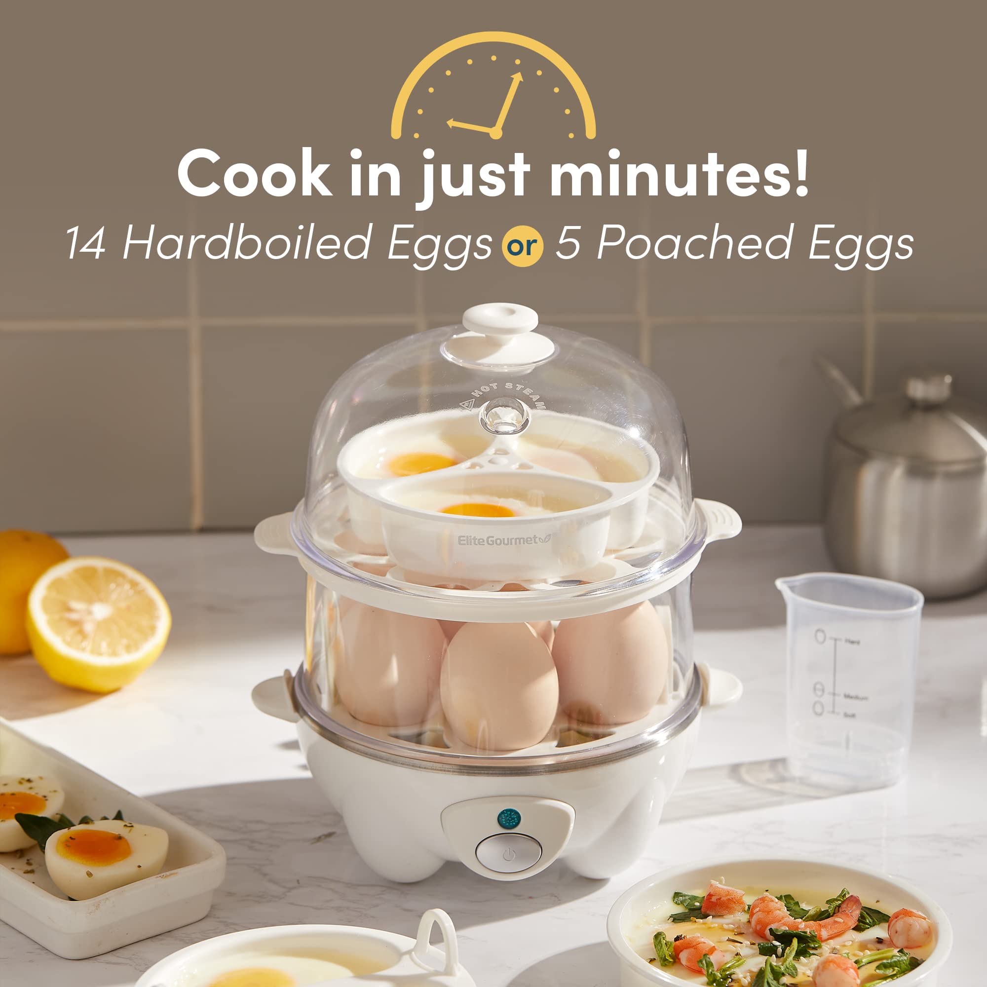Elite Gourmet EGC1405W 2-Tier Rapid Egg Cooker - 5-Egg Poacher for Soft, Medium & Hard-Boiled Eggs, Omelets | Auto Shut-Off & Buzzer | BPA-Free | 14 Egg Capacity | White | Perfect for Breakfast, Meal Prep & Keto Diet