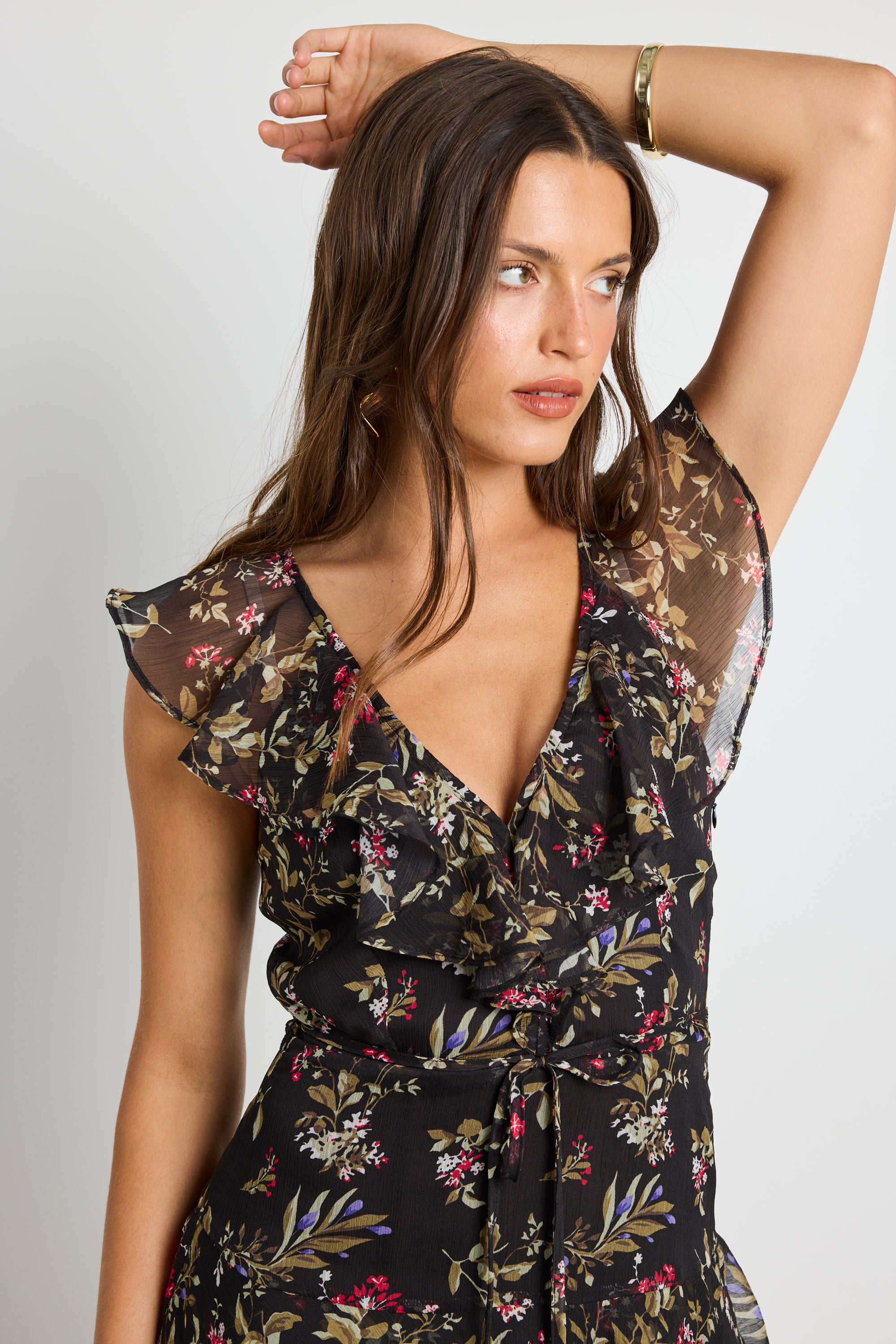 Everly Black Posy Floral Flutter Sleeve Tiered Maxi Dress for Women - Summer Boho Beach Wedding Guest Dress with Pockets