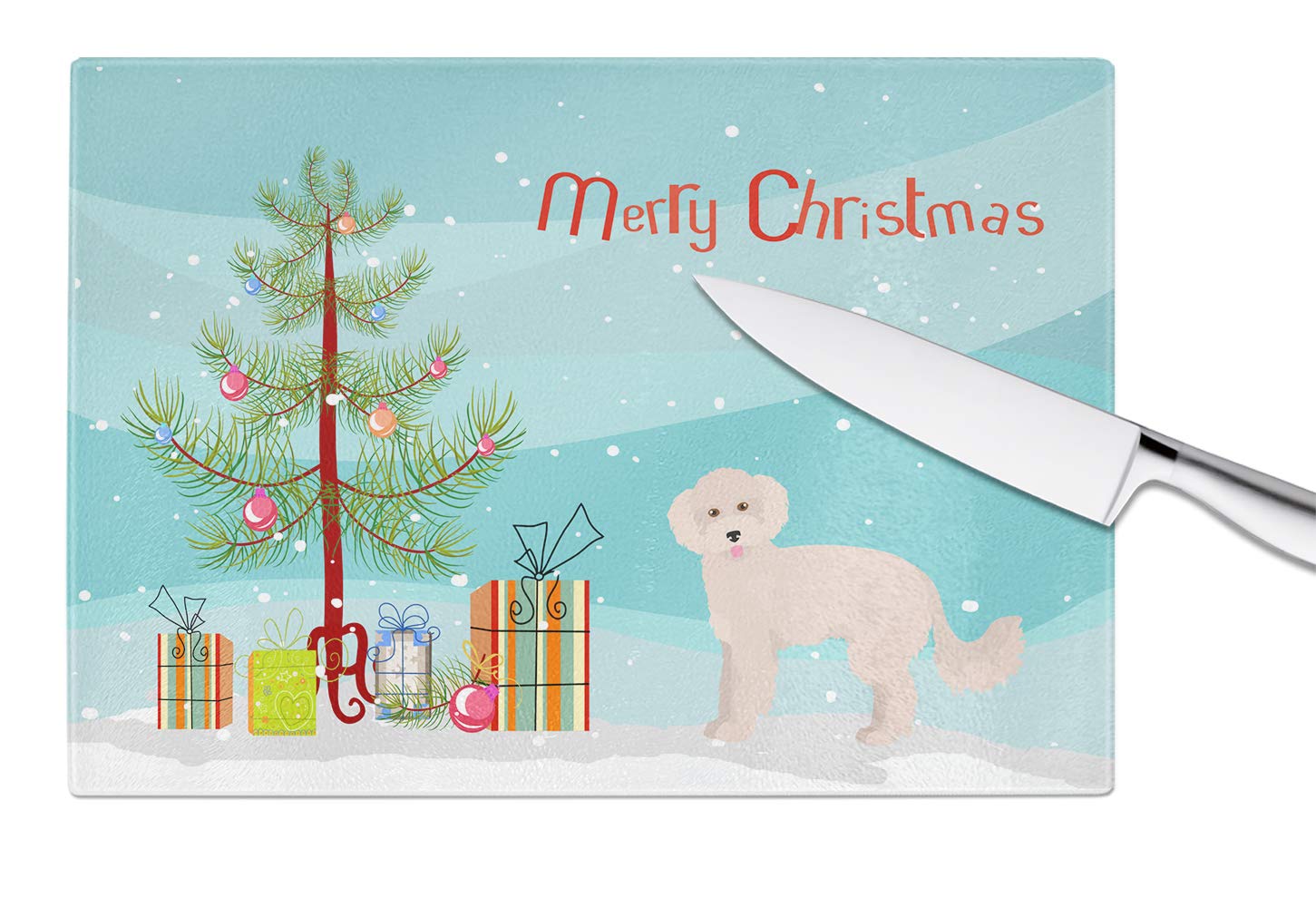 Large Maltipoo Christmas Tree Glass Cutting Board - Tempered Glass Kitchen Chopping & Serving Board - Holiday Decor & Party Serving Tray