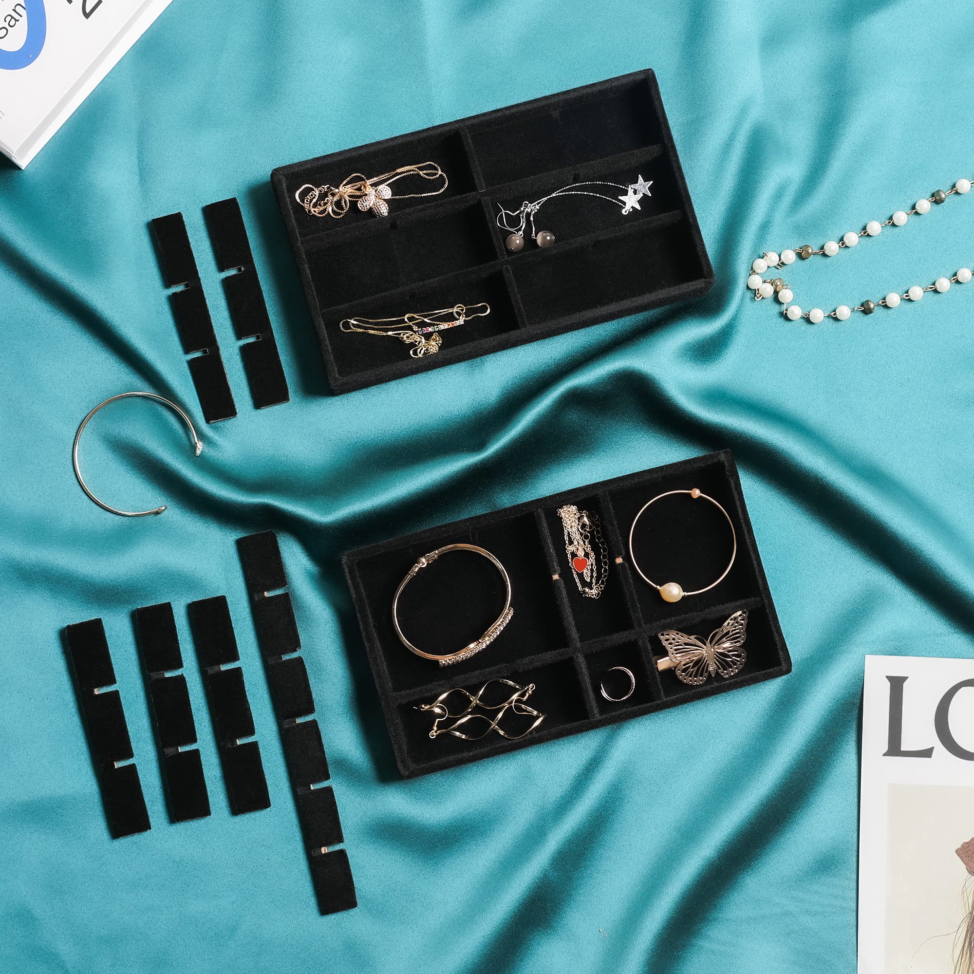Frebeauty Stackable Velvet Jewelry Organizer Tray Set - 9-Piece Black Drawer Inserts for Earrings, Rings, Necklaces & Studs | Women's Jewelry Storage & Display Solution for Bedroom, Dresser & Travel