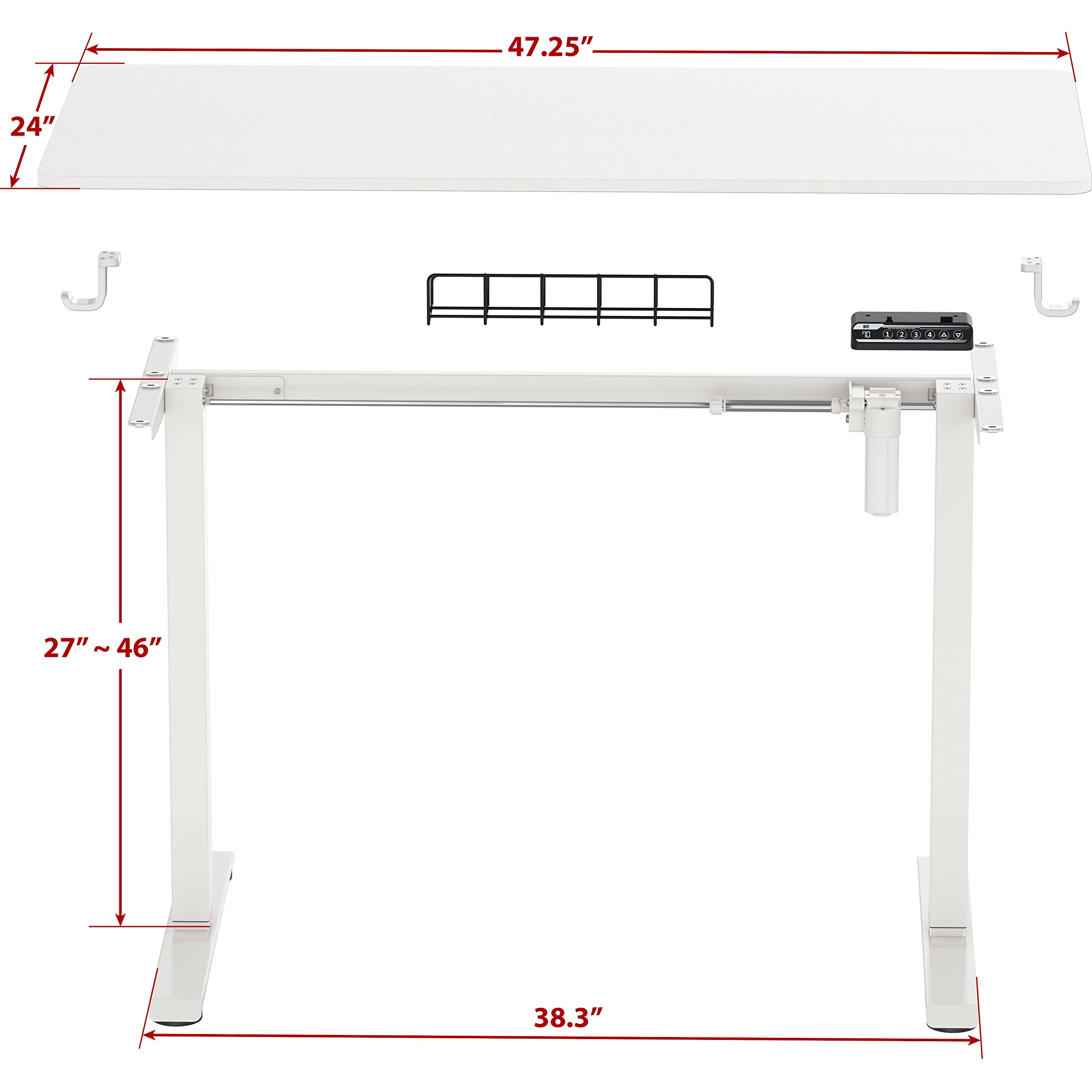 SHW 48-Inch Electric Height Adjustable Sit to Stand Desk with Hanging Hooks & Cable Management, 122 x 60cm White - Perfect for Home Office, Gaming & Workspace Ergonomics