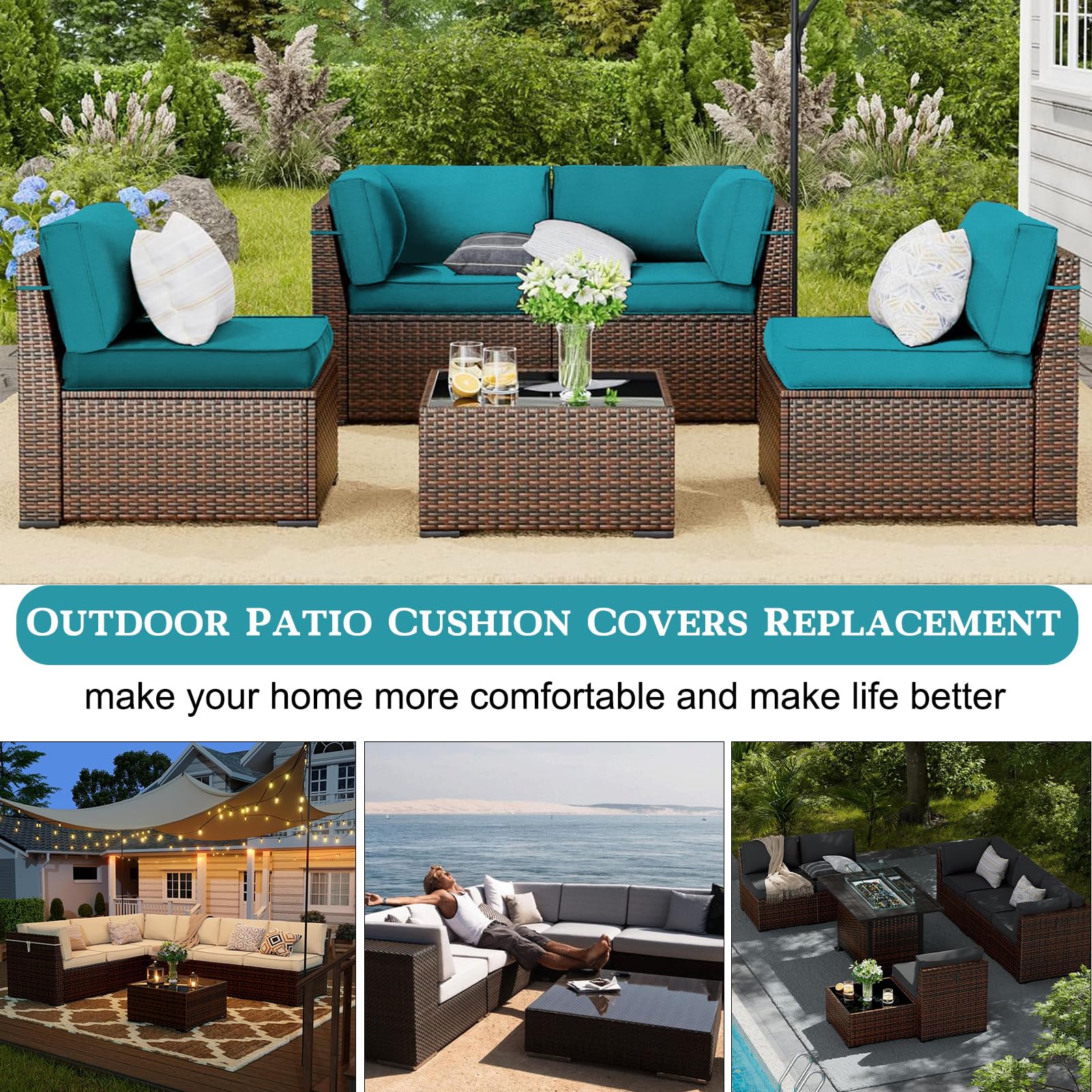 Waterproof Outdoor Patio Cushion Covers with Zipper - Replacement Slipcovers for Wicker Rattan Sectional Couch & Chair (14
