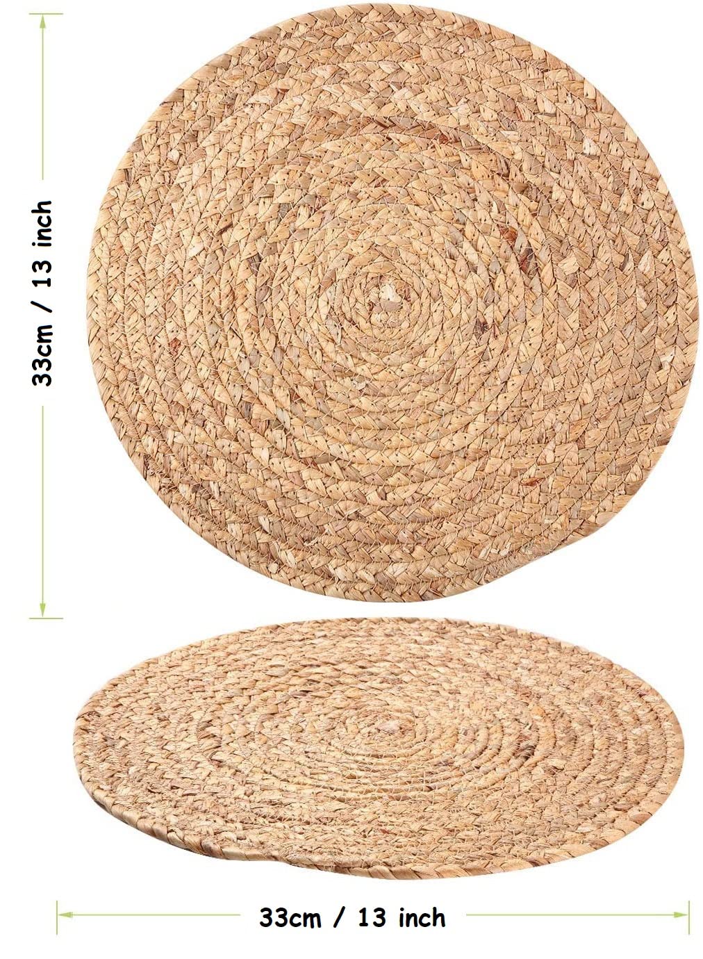 6 Pack Round Woven Placemats - 13 Inch Natural Wicker & Water Hyacinth Braided Table Mats - Rustic Rattan Charger Plates for Dining Table, Kitchen, and Outdoor Picnic Decor
