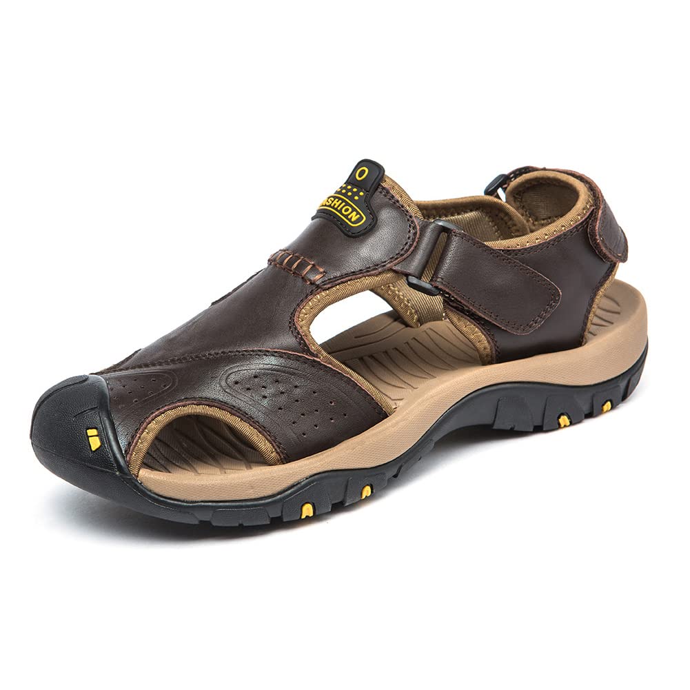 BINSHUN Men's Leather Hiking Sandals - Closed Toe Waterproof Beach Shoes for Walking, Sports & Fishing | Durable Outdoor Adventure & Casual Wear
