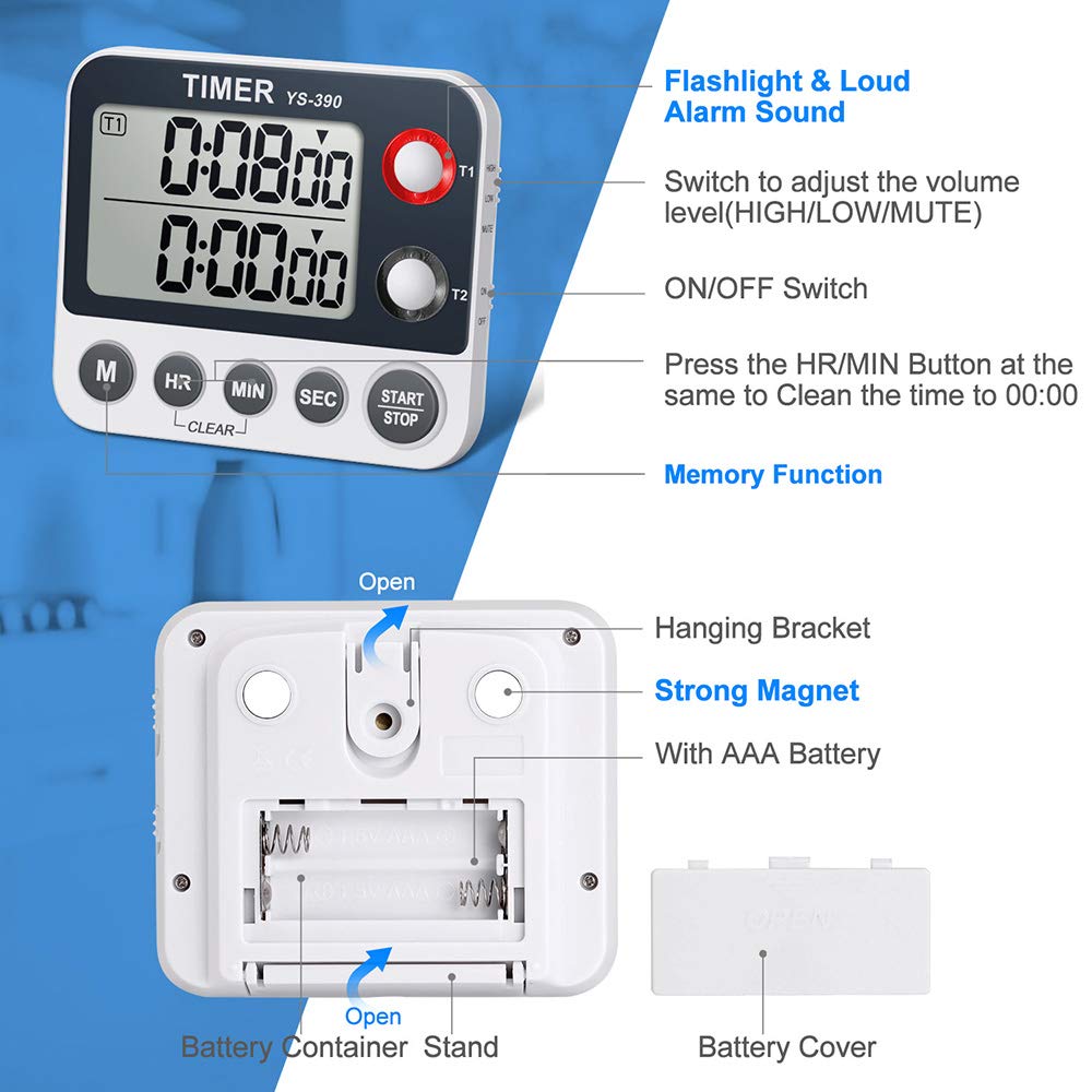HomeMall Digital Kitchen Timer - Dual Count Up/Down with Magnetic Back, Large LCD Display, Adjustable Volume & Flashing Alarm - Perfect for Baking, Cooking, Meal Prep & Kitchen Organization (Battery Included)
