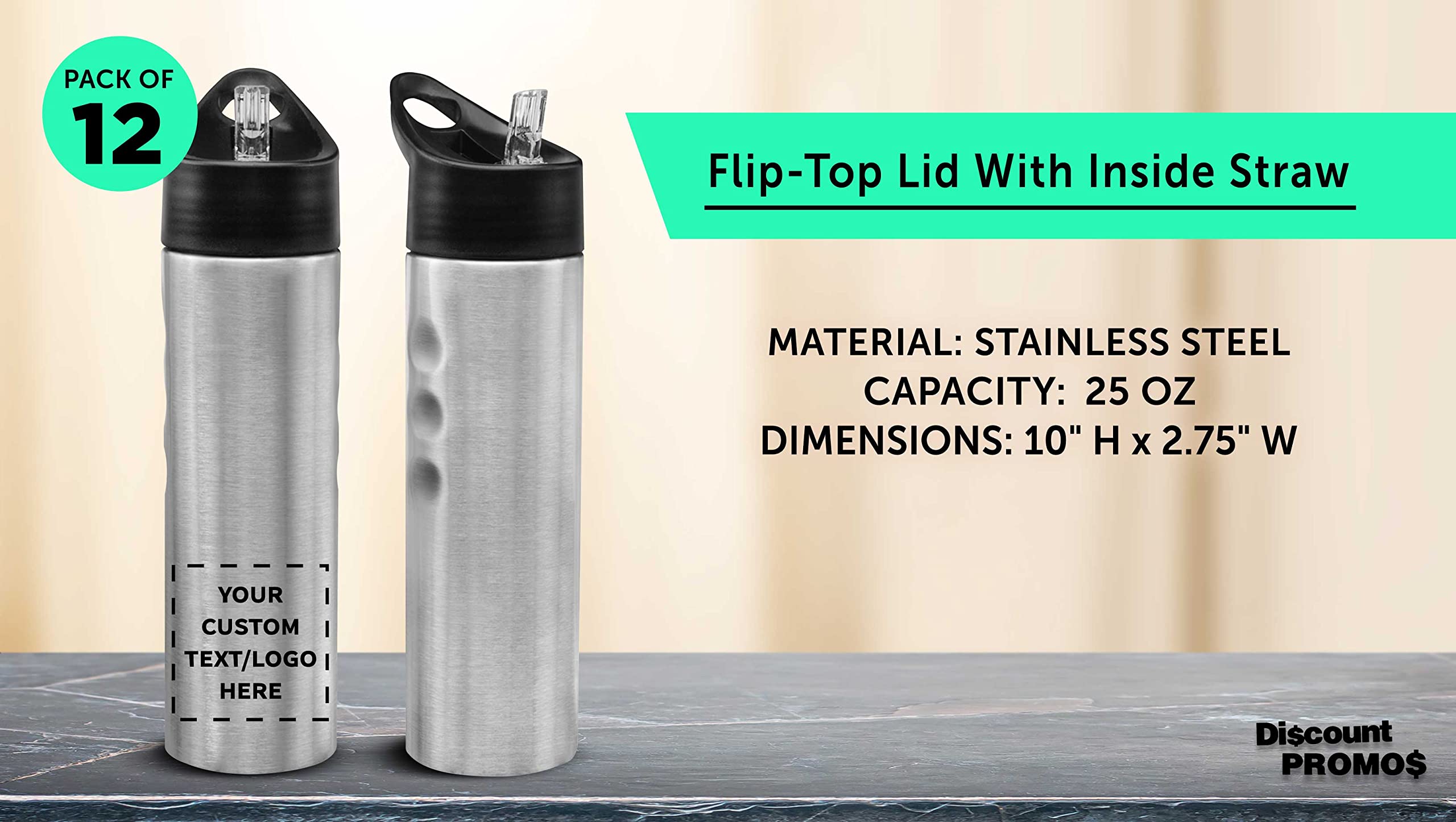 Custom Slim Stainless Steel Water Bottles 25oz (12 Pack) - Personalized Text & Logo - Reusable Gym & Sports Bottles - Bulk Pack Silver - Perfect for Workouts, Hiking, Office & School Hydration