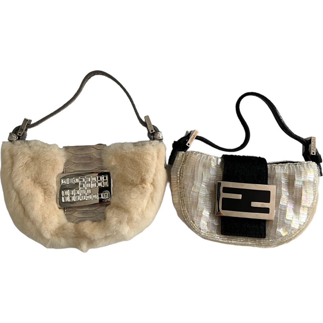 Luxury Fendi Chinchilla Fur Croissant Bag with Rhinestone Buckle & Silver Python Trim - Perfect for Evening Parties, Red Carpet Events & High-End Fashion Accessories