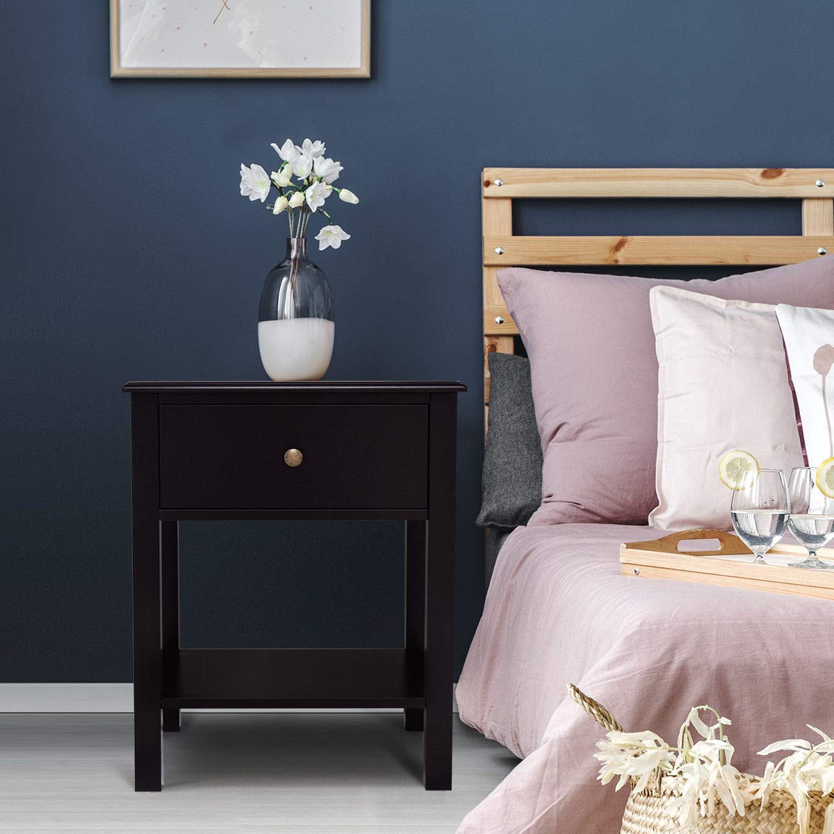 Brown Wood Nightstand with Drawer and Shelf - End Table for Bedroom, Living Room, or Office - Compact Storage & Display Furniture for Small Spaces