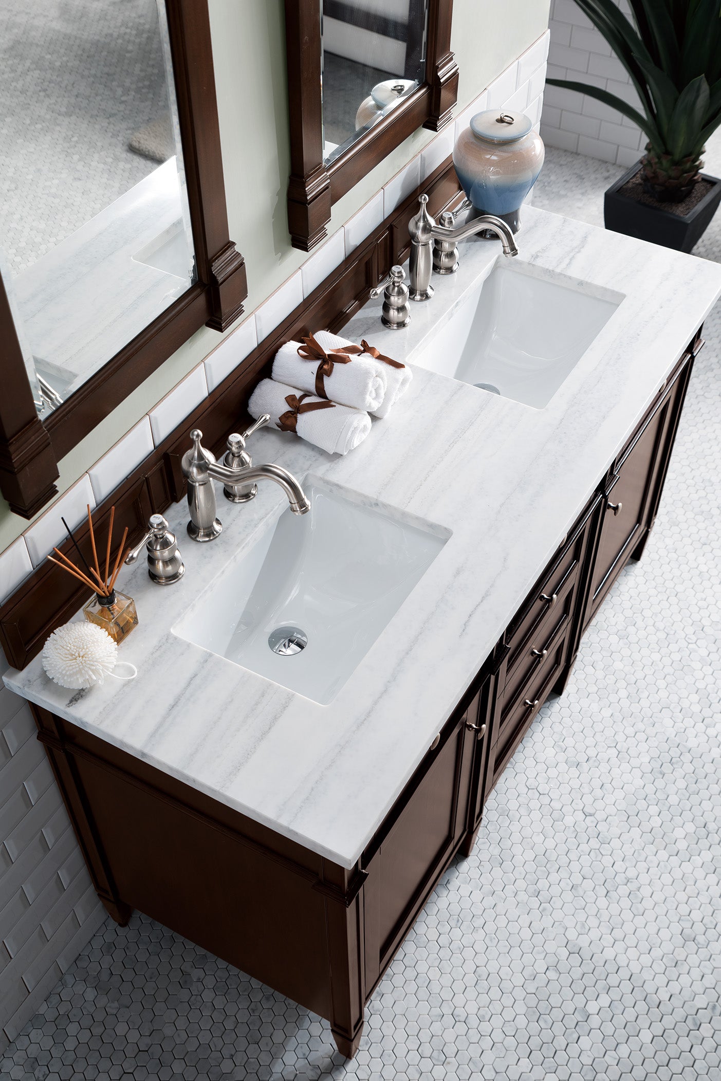 Brittany 60-Inch Burnished Mahogany Double Bathroom Vanity with 3CM Arctic Fall Solid Surface Countertop - Perfect for Master Bathroom Renovation and Modern Home Decor