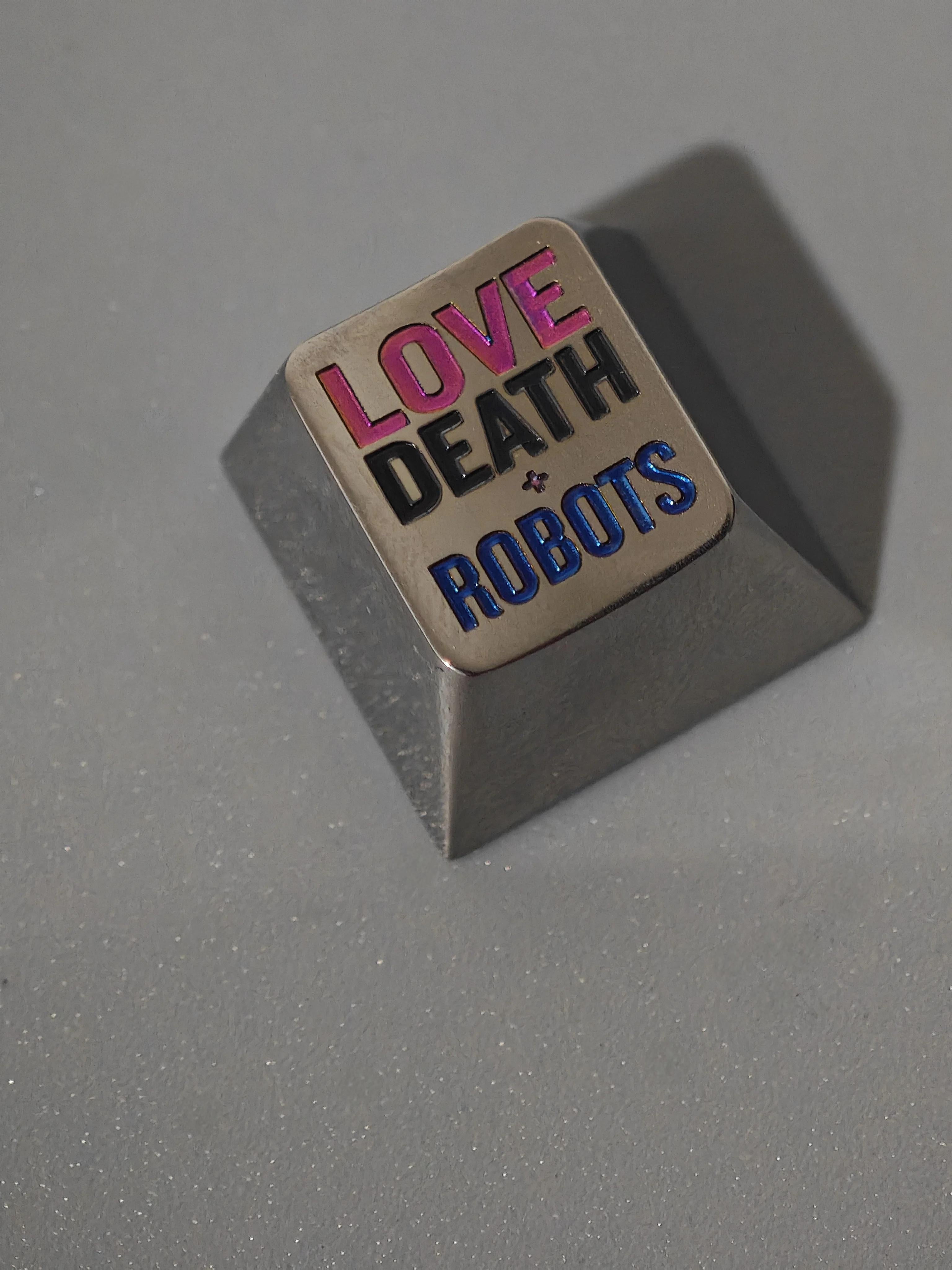 Love, Death & Robots Themed 1.75U/1U Titanium Alloy Engraved Keycaps - Custom Mechanical Keyboard Artisan Keycaps for Gaming & Typing Enthusiasts - Perfect for PC Builds, Gift Giving & Keyboard Customization