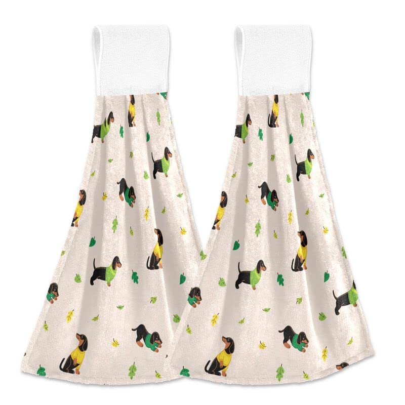 Cute Dachshund Cartoon Kitchen Towels Set of 2 - Super Absorbent Hanging Dish Drying Towels with Loops for Kitchen, Bathroom & Laundry - Soft Hand Towels for Home Decor and Gift Giving