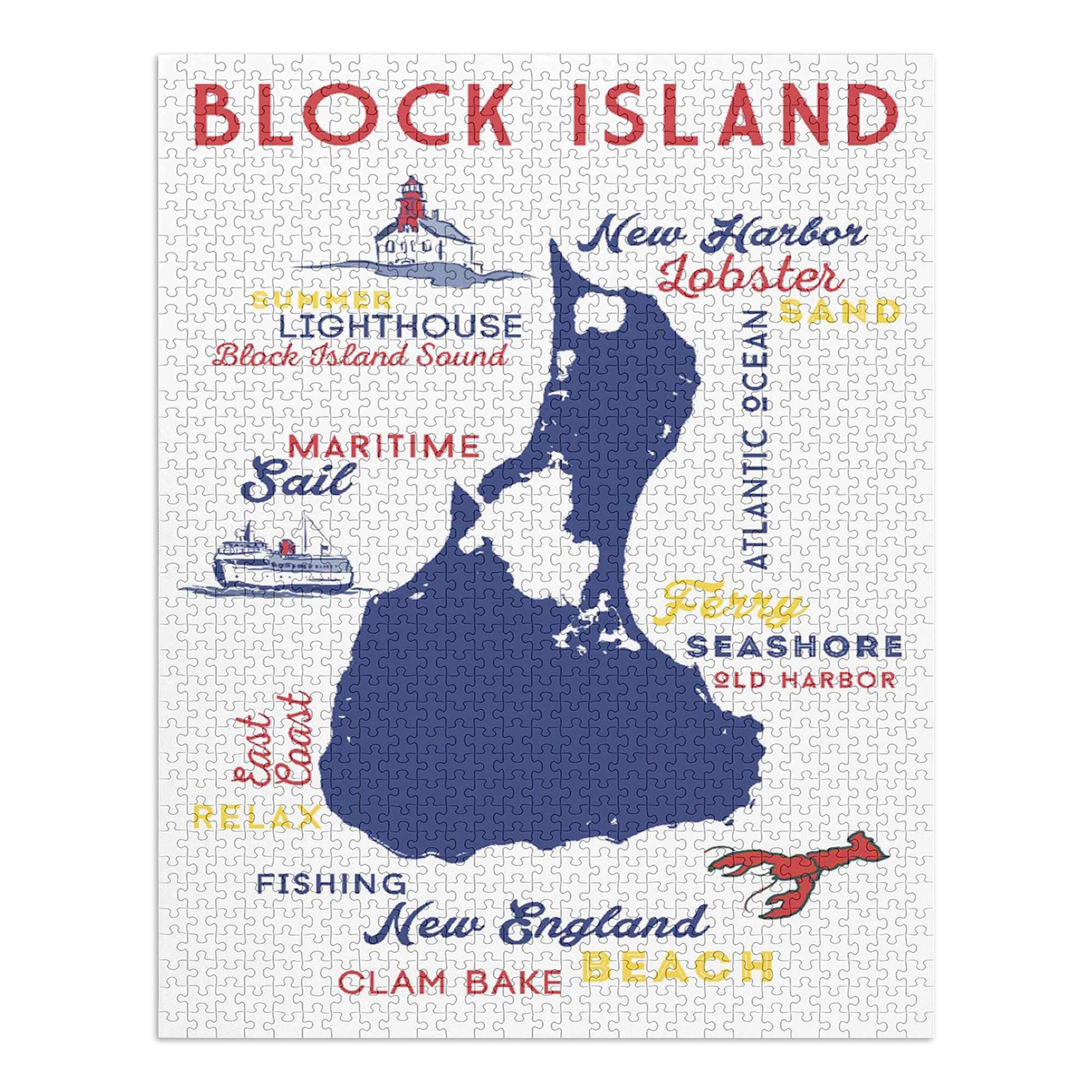 Block Island Rhode Island 1000 Piece Jigsaw Puzzle for Adults & Family - 19x27 Challenging Puzzle with Typography & Icons in Primary Colors - Made in USA - Perfect for Family Game Nights & Home Decor