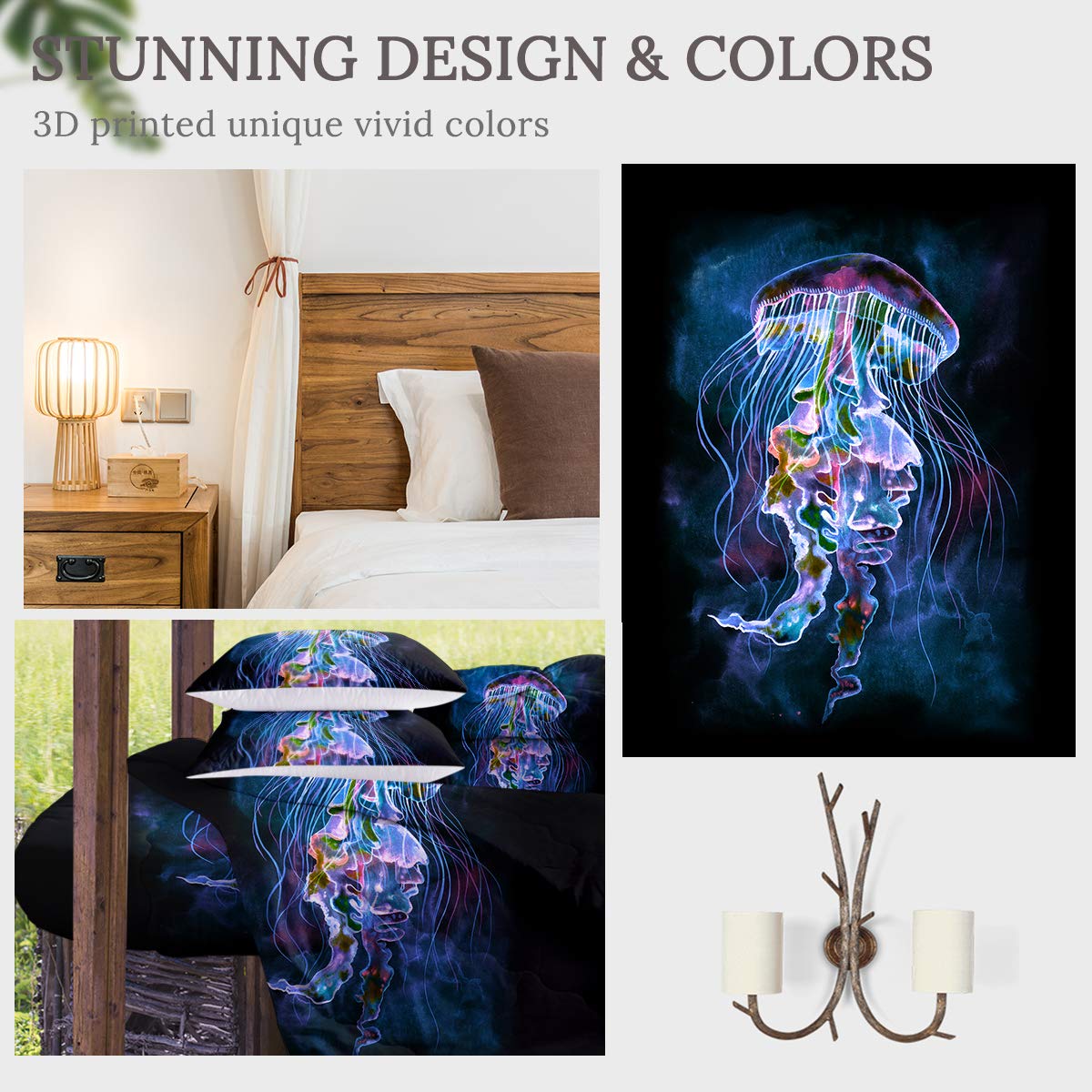 Sleepwish Ocean Creature 3D Kids Comforter Set - Neon Jellyfish Reversible Queen Size Bedding with 2 Pillow Shams & Cushion Cover | 4-Piece 3D Printed Bedding for Boys & Girls | Perfect for Kids' Rooms, Themed Bedrooms & Gift Giving