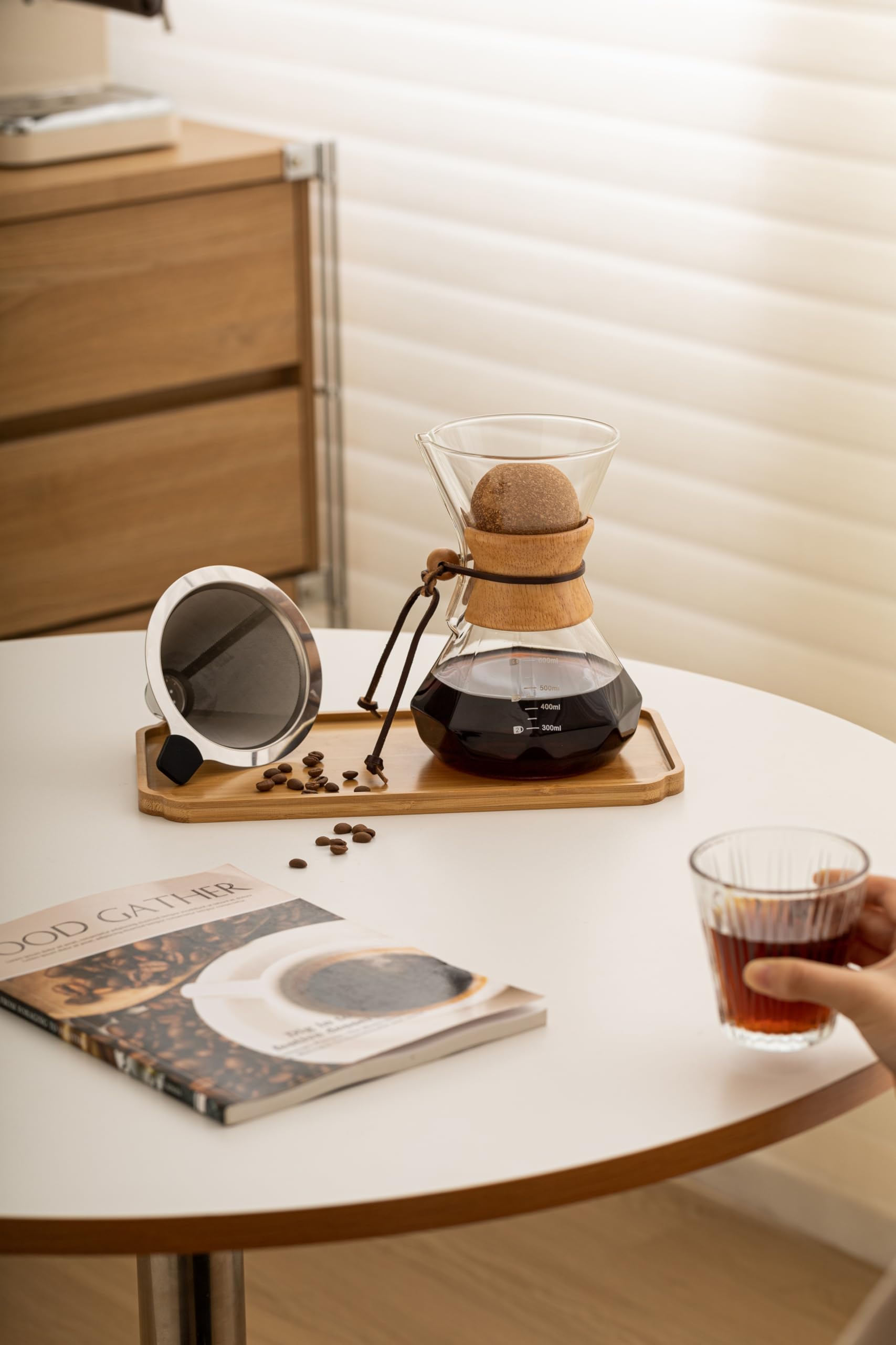 Premium Pour Over Coffee Maker with Wood Sleeve & Cork Stopper - 20oz/600ml Glass Dripper for Specialty Coffee Brewing - Perfect for Home, Office & Camping Use