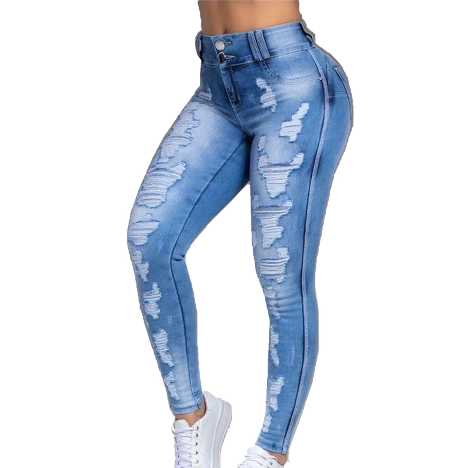 Distressed High Waist Skinny Jeans for Women - Butt Lifting & Ripped Denim for Casual Wear