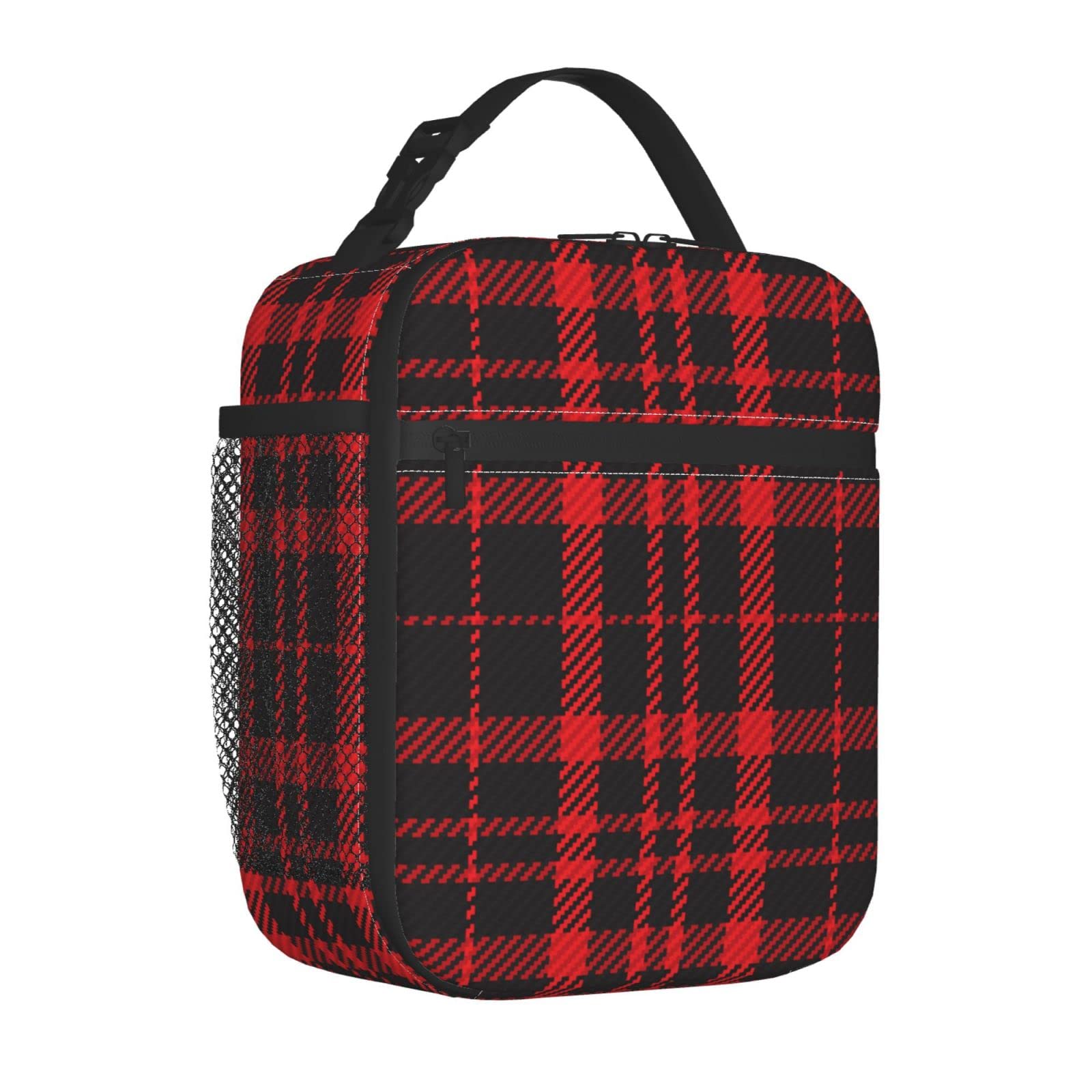YAZXHJAZ Striped Plaid Red & Black Insulated Lunch Tote Bag with Ice Packs - Reusable Thermal Food Carrier for Women & Men - Perfect for School, Work, Office, Travel & Picnic Outings