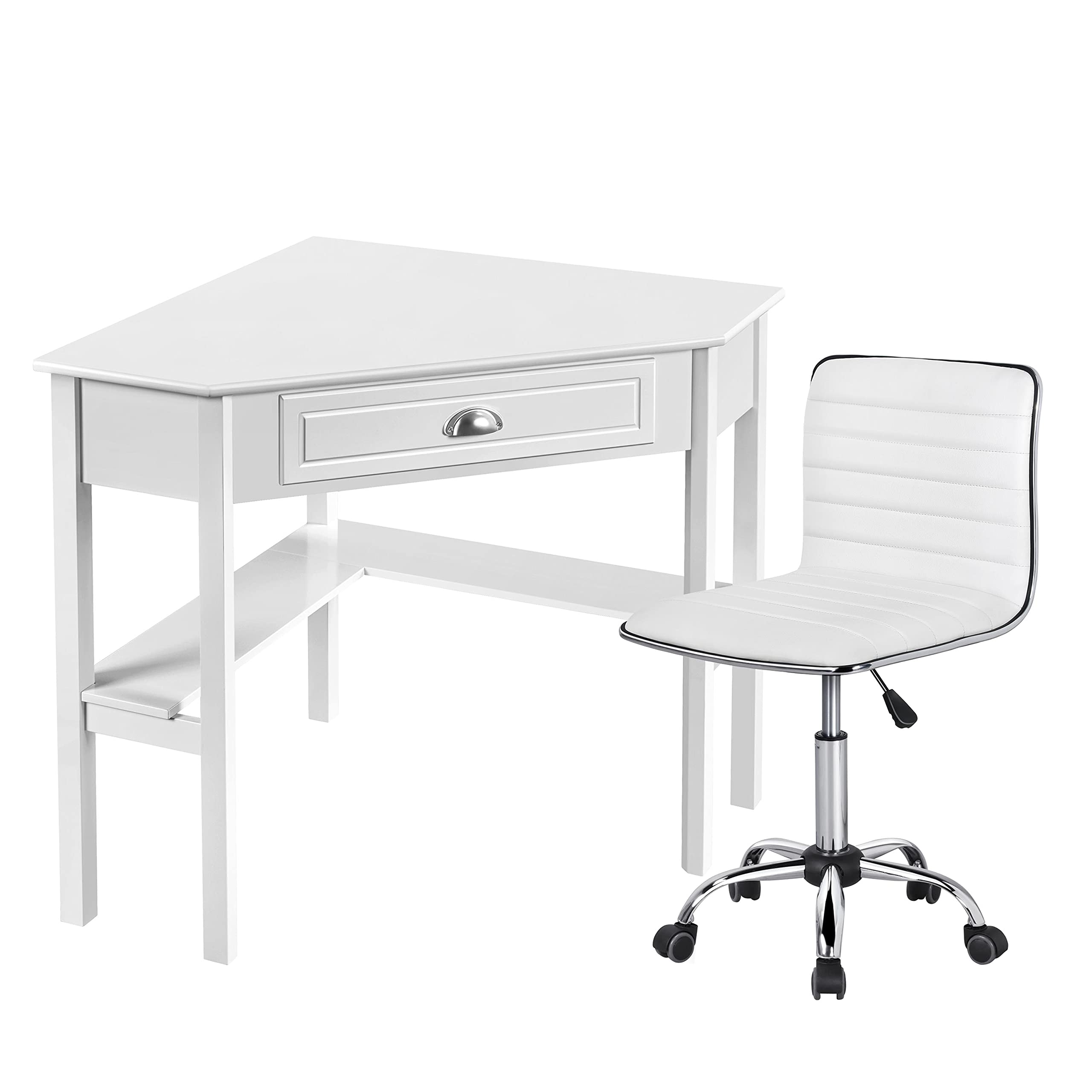 Yaheetech White Home Office Desk & Chair Set - Corner Writing Study Desk with Drawer & Shelf, PU Leather Low Back Armless Rolling Chair - Perfect for Home Office, Living Room, Study & Small Spaces