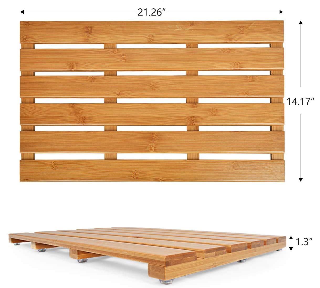 Non-Slip Bamboo Shower Mat - Waterproof Wooden Bath Mat for Indoor & Outdoor Use - 21.26x14.17x1.3 Inches (Pack of 2) - Perfect for Bathroom, Spa, Poolside & Patio Floor Protection