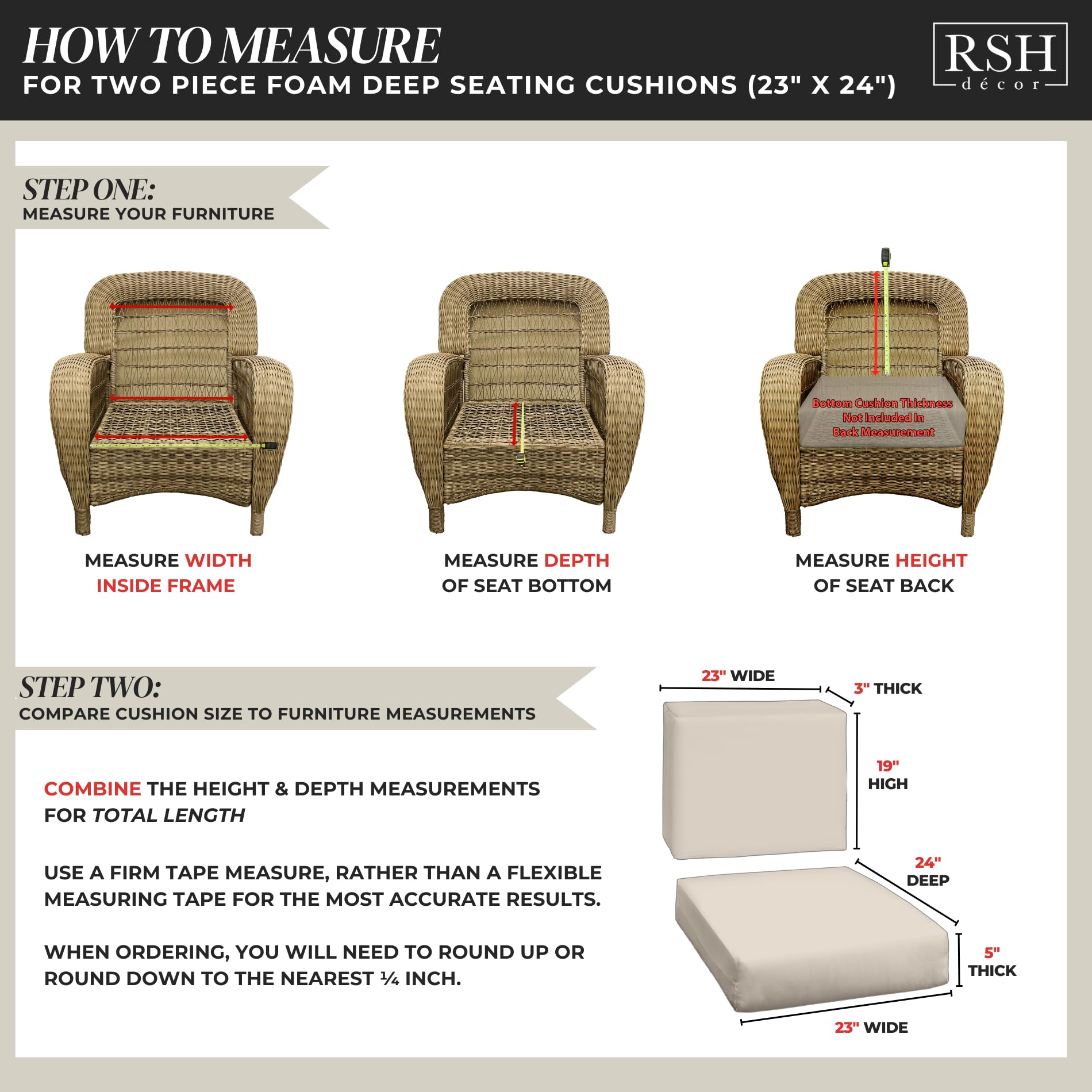 RSH DECOR: 23” x 24” Deep Seating Foam Cushion Set - All-Weather Waterproof & Fade-Resistant Outdoor Patio Furniture Cushions - Cancun & White Stripe Spun Fabric - Perfect for Garden, Poolside & Backyard Relaxation