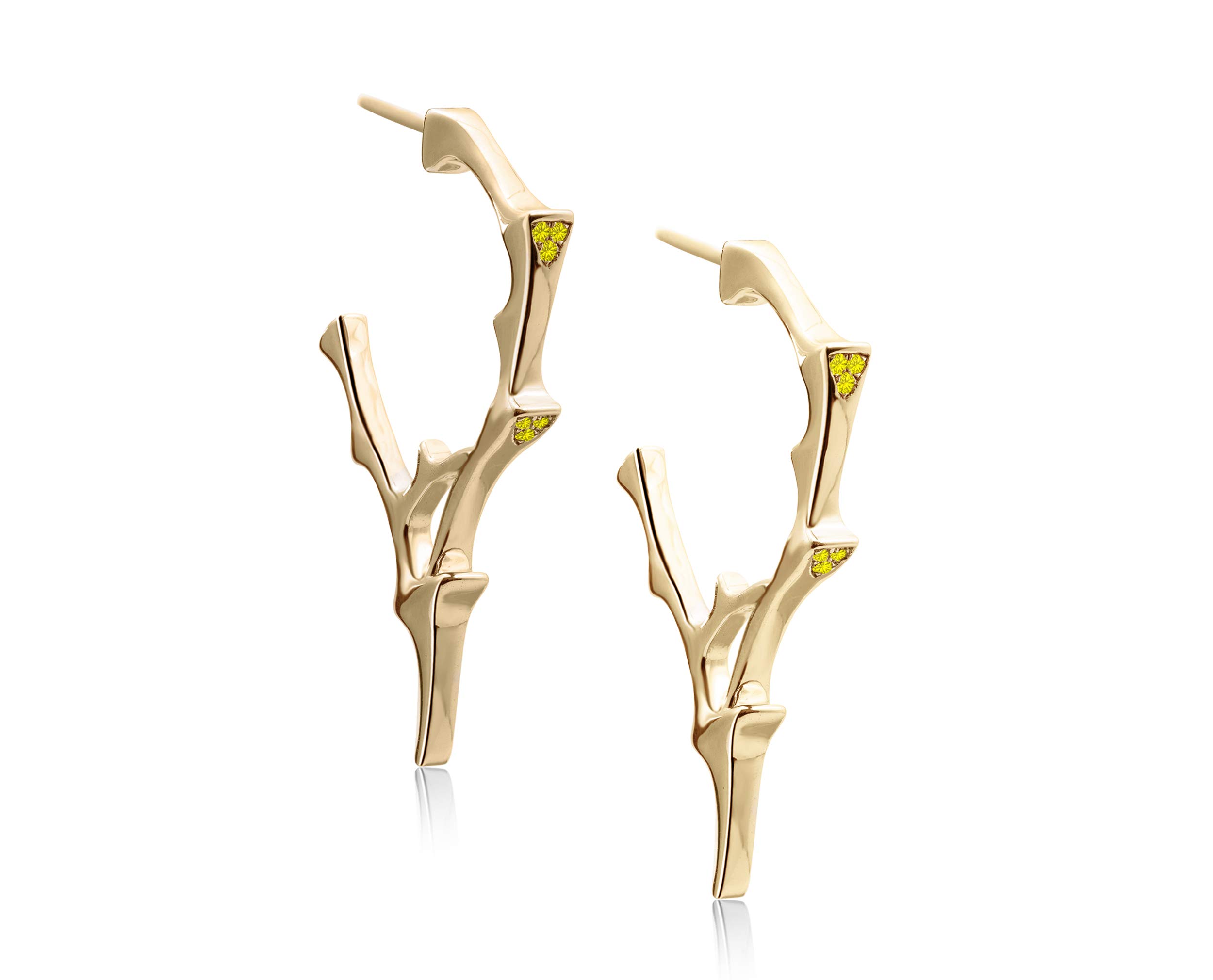 Gothic Gold Diamond Hoop Earrings with Spike Branch Design - Witchy Silver Thorn Twig Earrings for Women - Yellow Diamond Accents - Perfect for Halloween, Witch Costumes, and Gothic Fashion