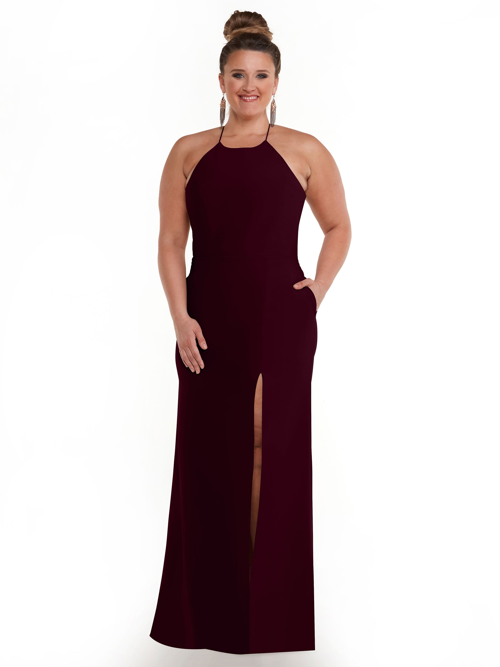 Elegant 83026 Sheath Stretch Chiffon Bridesmaid Dress with Halter Neckline & High Slit - Perfect for Weddings, Formal Events & Evening Parties