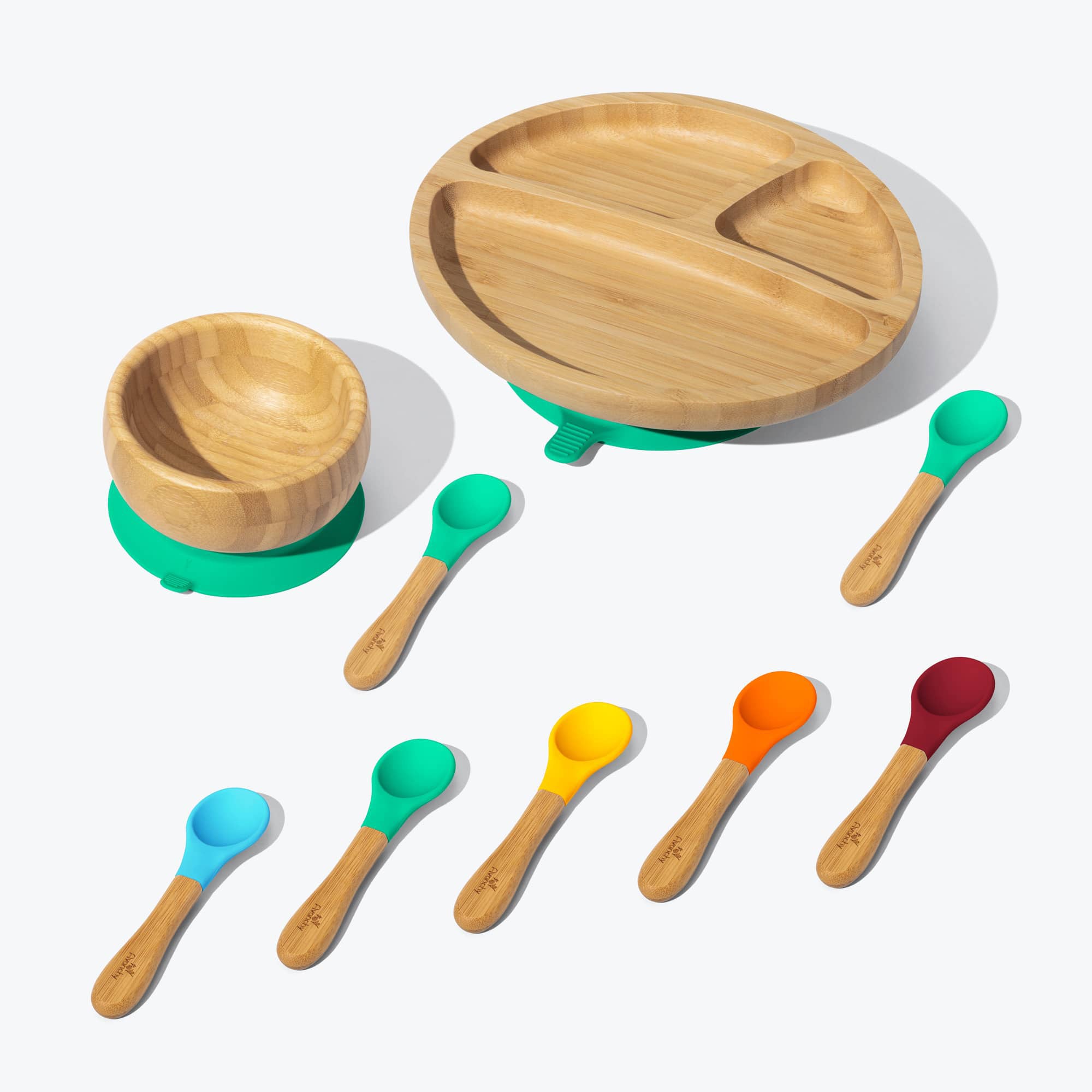 Avanchy Rainbow Toddler Feeding Set - BPA-Free Divided Baby Plate, Bowl & 7 Spoons - Eco-Friendly Mealtime Essentials for Kids - Perfect for Home, Daycare & Travel Use