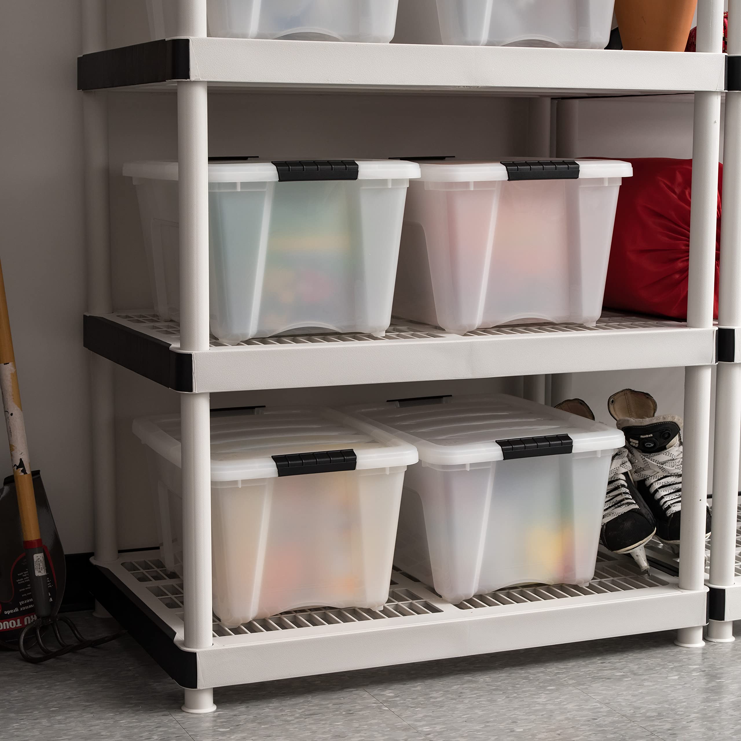 IRIS USA 32 Qt Stackable Plastic Storage Bins with Lids, 4 Pack - BPA-Free, Made in USA - Durable Nestable Containers with Secure Pull Handles & Latches - Perfect for Home Organization, Closet Storage, and Garage Shelving