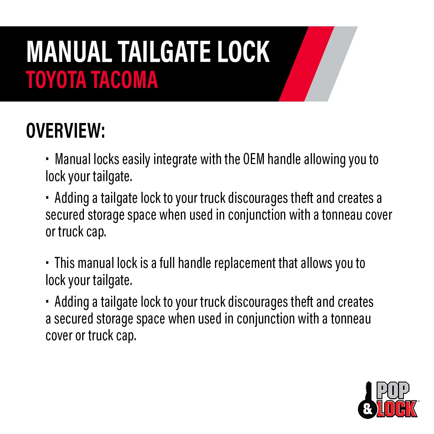 Pop & Lock PL5508 Manual Tailgate Lock for Toyota Tacoma (2005-2023) - Silver Sky Metallic | Secure Truck Bed | Anti-Theft Protection for Tools & Equipment