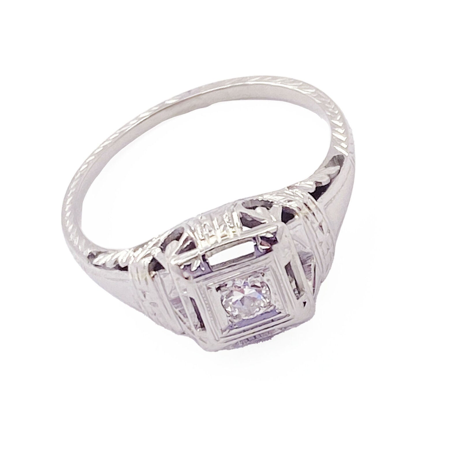 Vintage 18K White Gold 0.14ct Diamond Art Deco Filigree Ring Size 5.75 - Elegant Antique Jewelry for Weddings, Anniversaries & Special Occasions