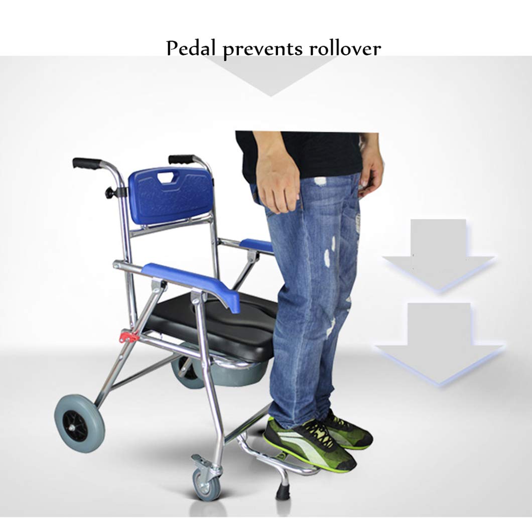 4-in-1 Folding Aluminum Commode Shower Chair with Wheels & Pedal - 350 LBS Capacity Portable Toilet Seat for Elderly, Disabled & Pregnant Women - Ideal for Bedside, Bathroom & Wheelchair Use