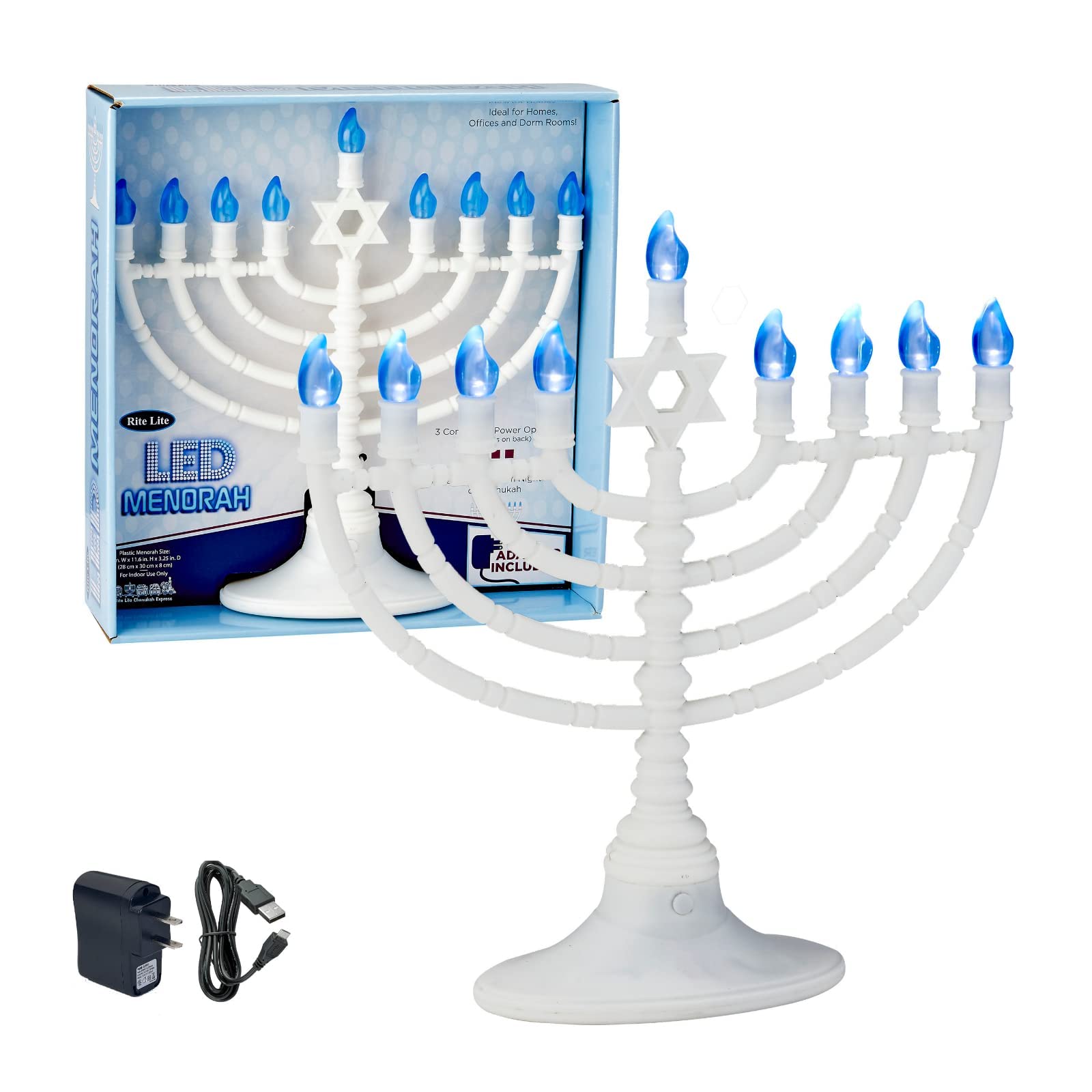 Traditional Large White LED Hanukkah Menorah with Blue Holiday Bulbs - Battery/USB Powered (Includes 4ft Micro USB Cable) - Perfect for Chanukah Decor in Homes, Offices & Dorm Rooms - Holiday Lighting for Jewish Celebrations & Festive Home Decor