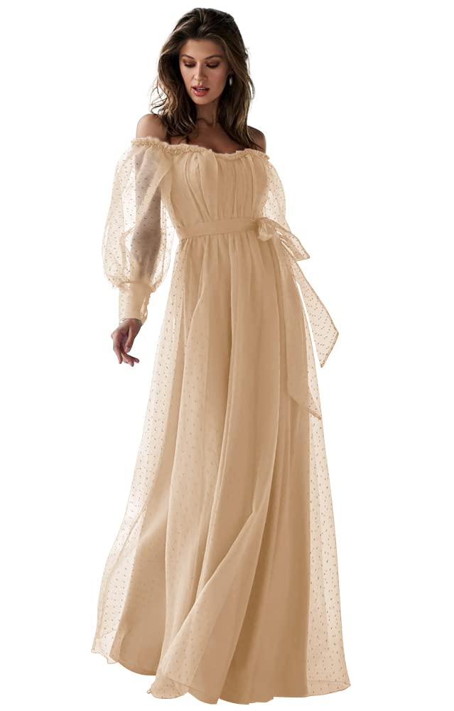Elegant Puffy Long Sleeve Prom Dresses for Women - Tulle Ball Gowns with Beaded Split Detail | Formal Party, Homecoming, Wedding Guest Dresses