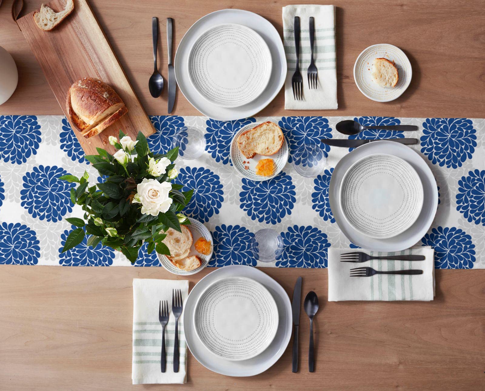 Blue Floral Burlap Table Runner 36 Inch - Farmhouse Linen Table Scarf for Kitchen, Dining, Coffee Table, Wedding & Banquet Decor - Hydrangea Pattern Gray Home Decoration